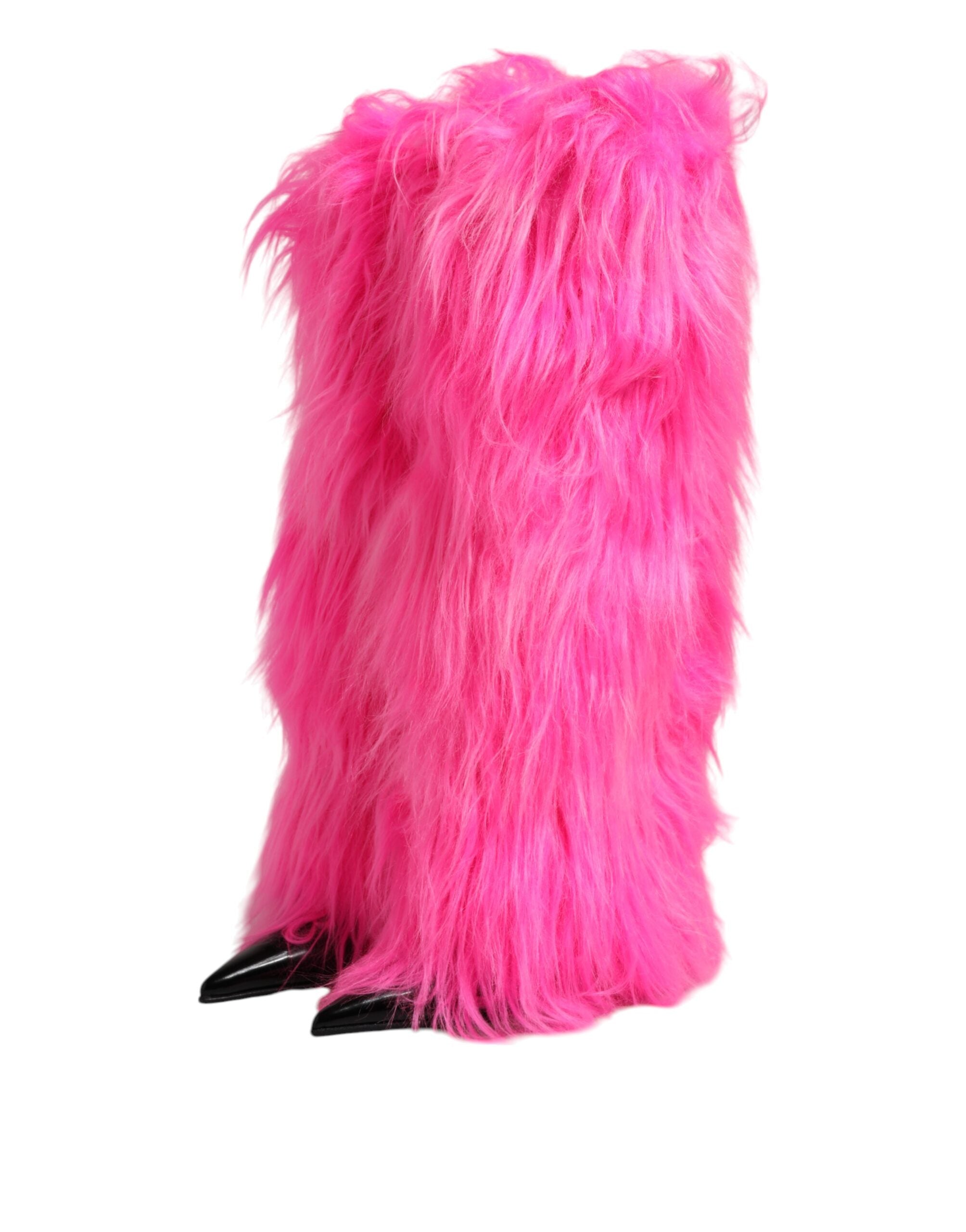 Dolce & Gabbana Pink Faux Fur Leather High Heels Boots Shoes-4