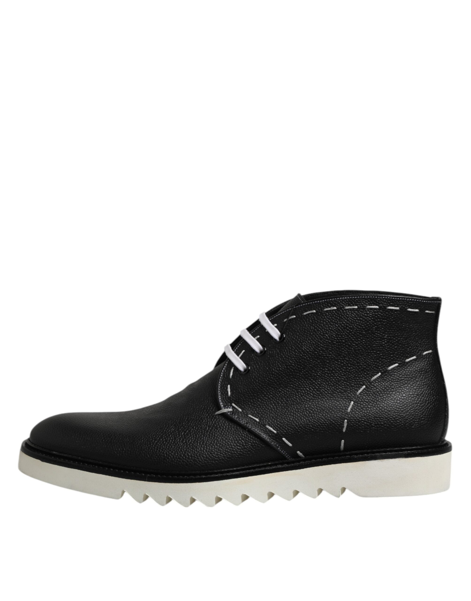 Dolce & Gabbana Black and White Leather Ankle Boots Shoes-6