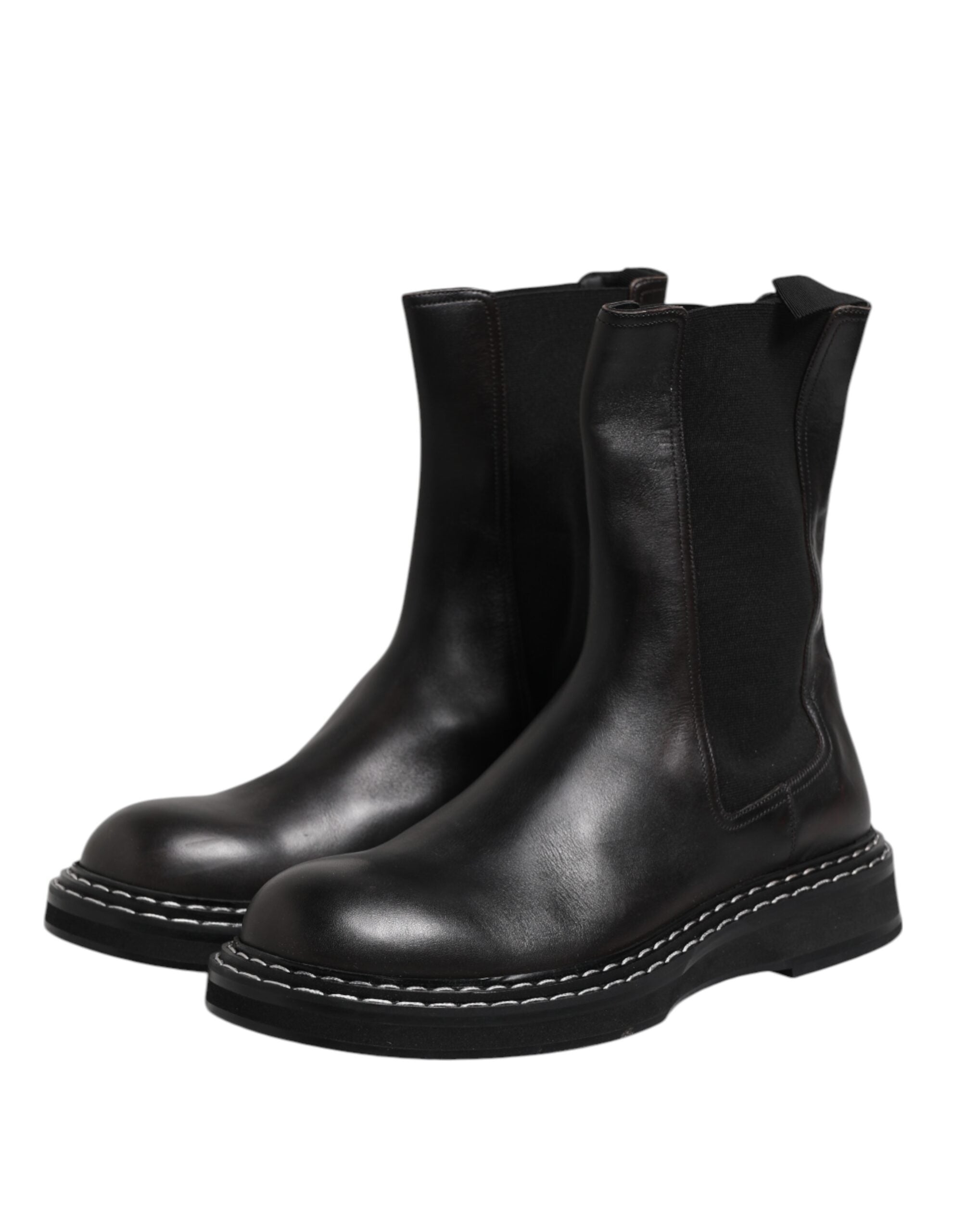 Dolce & Gabbana Black Leather Mid Calf Boots Flats Shoes-4
