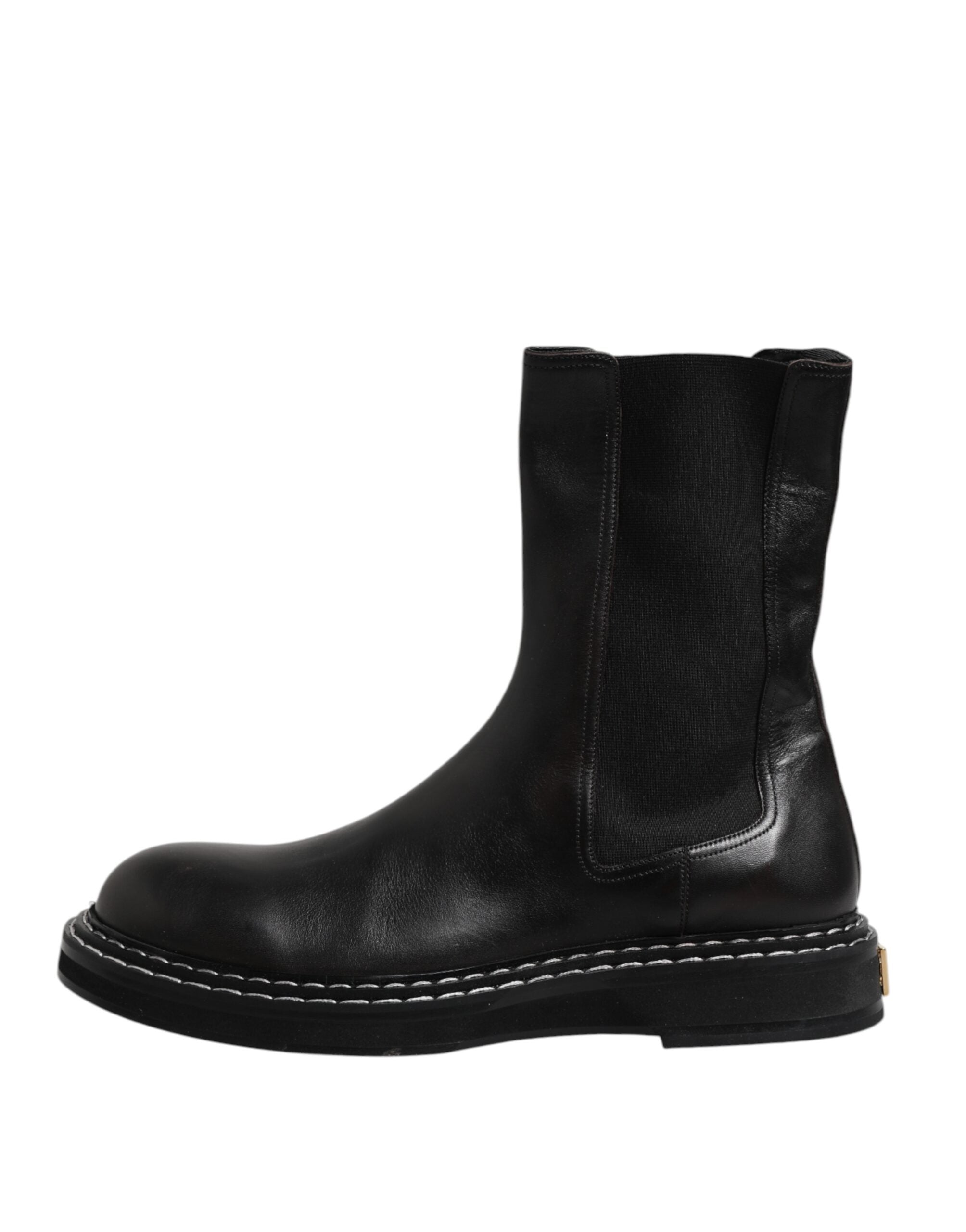 Dolce & Gabbana Black Leather Mid Calf Boots Flats Shoes-6