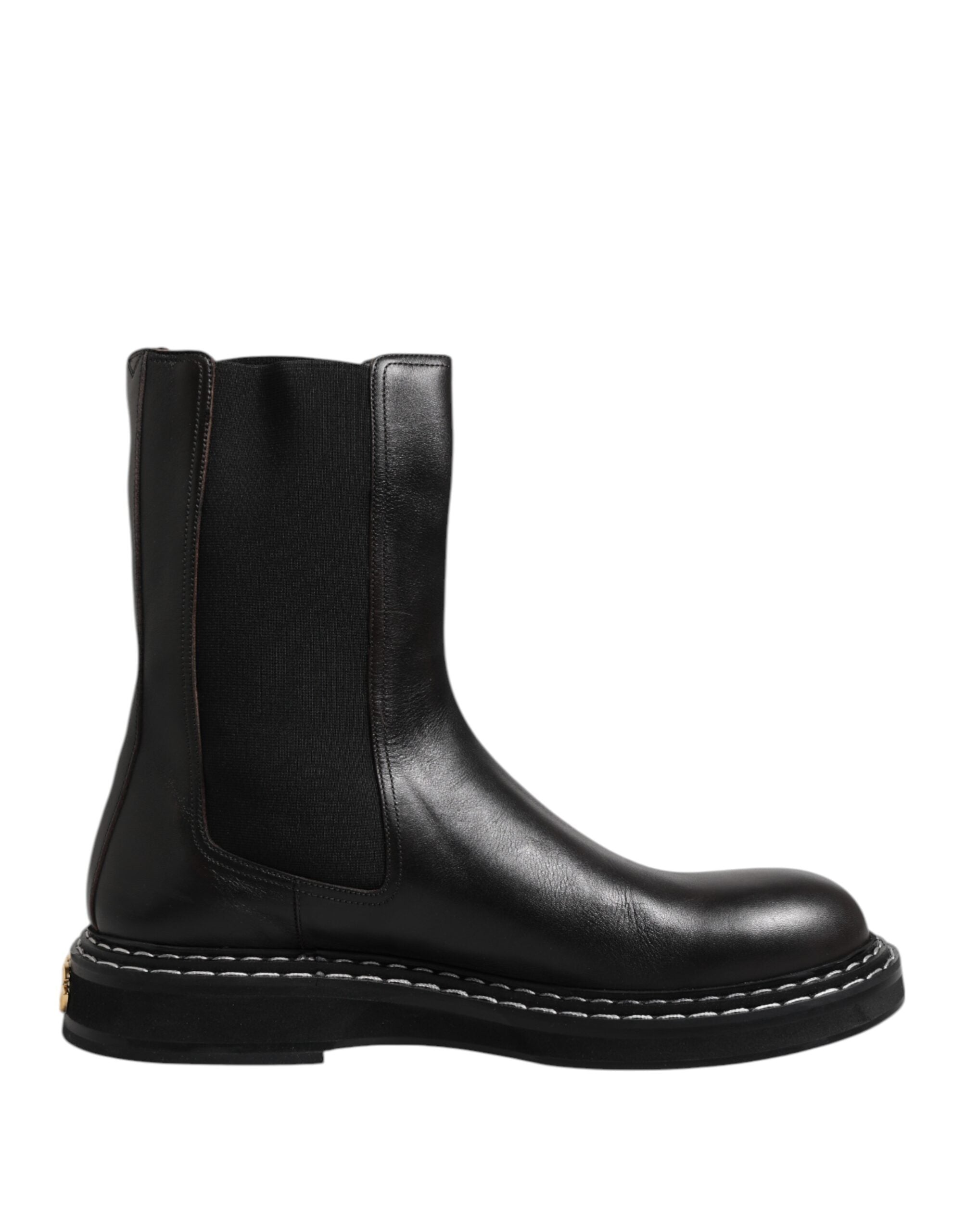 Dolce & Gabbana Black Leather Mid Calf Boots Flats Shoes-1