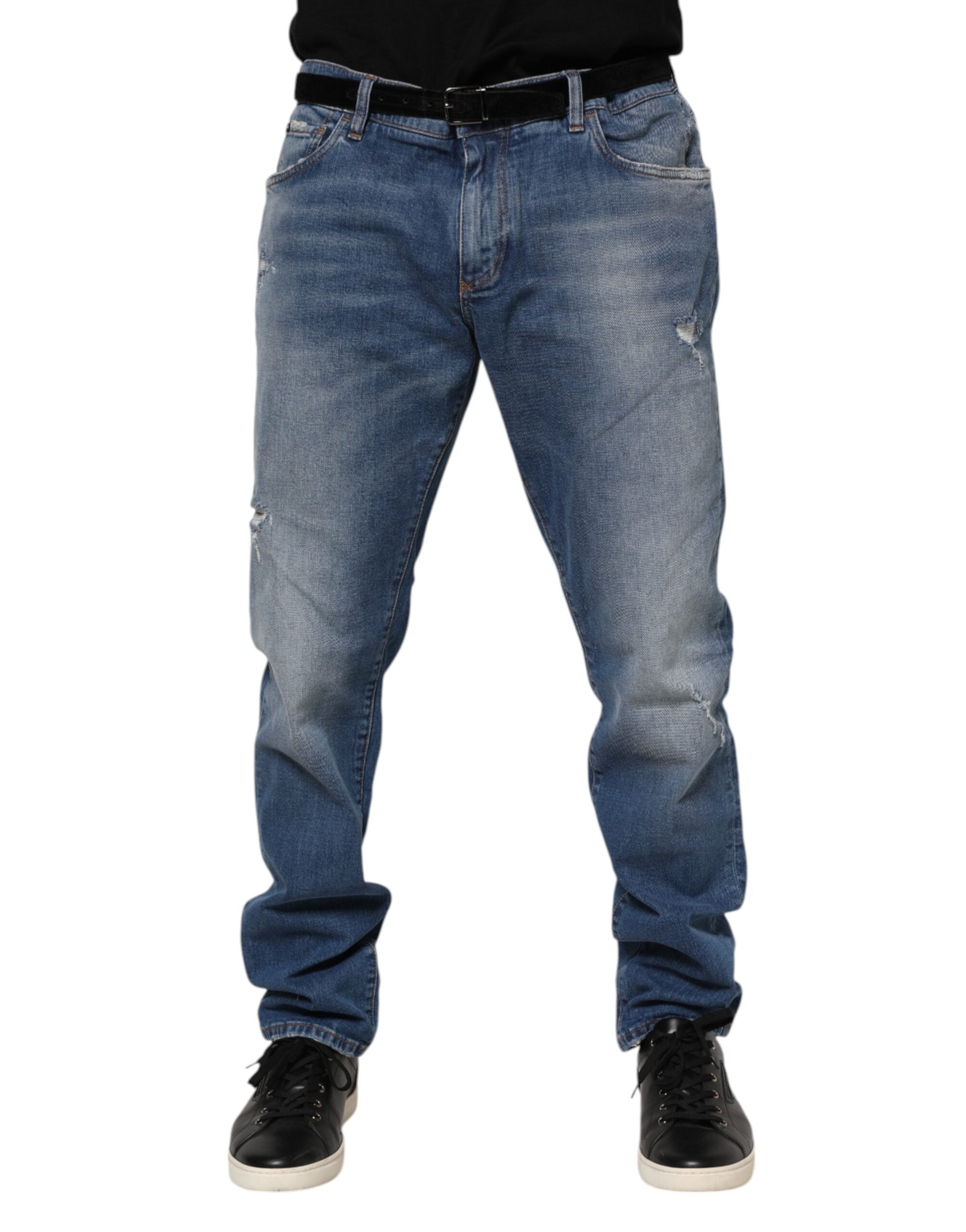 Vaqueros azules de mezclilla Dolce & Gabbana con placa de logotipo en algodón lavado-2