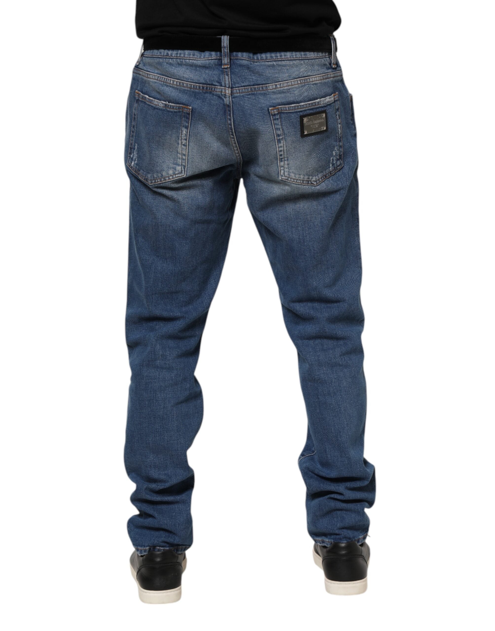 Vaqueros azules de mezclilla Dolce & Gabbana con placa de logotipo en algodón lavado-4
