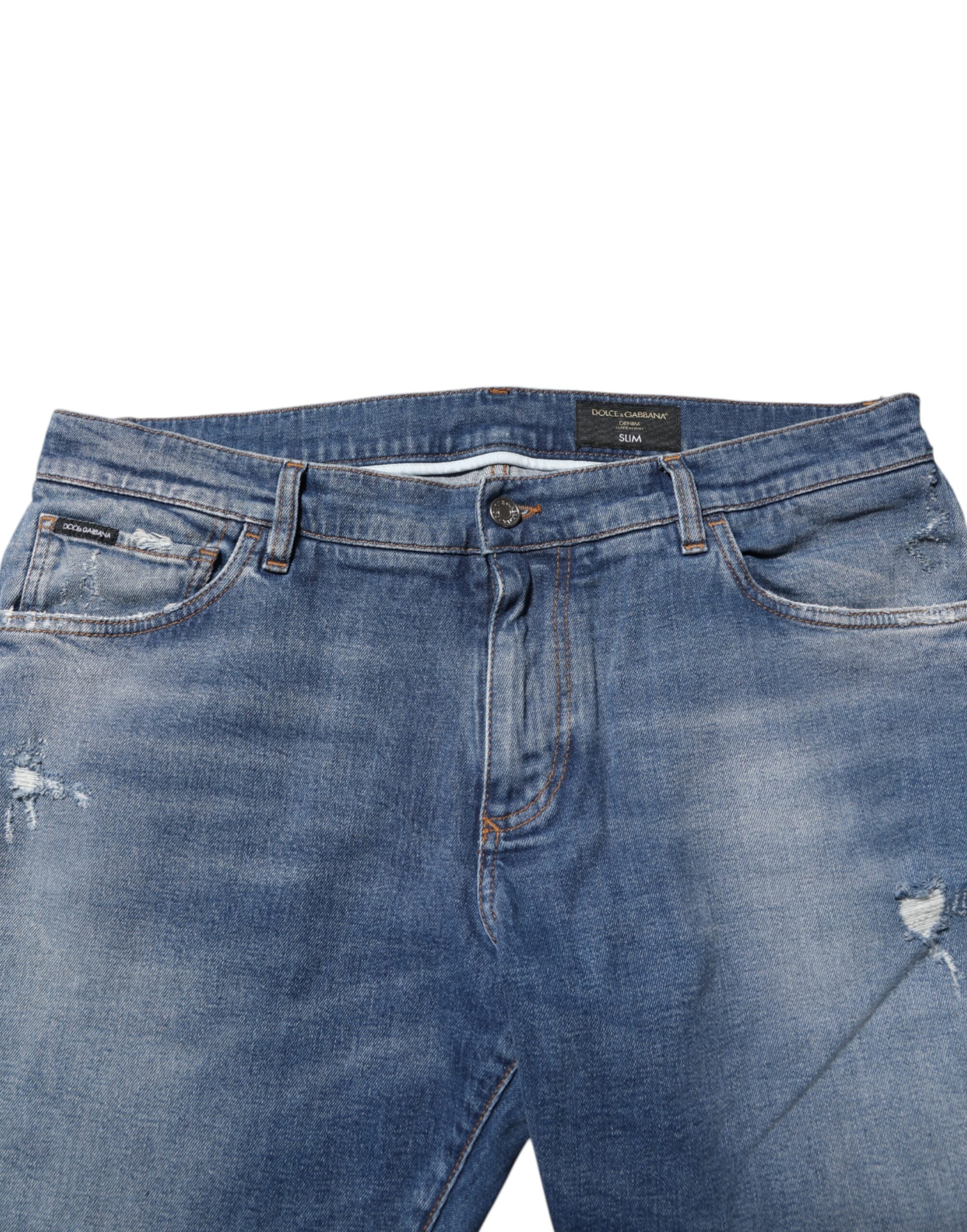Vaqueros azules de mezclilla Dolce & Gabbana con placa de logotipo en algodón lavado-5