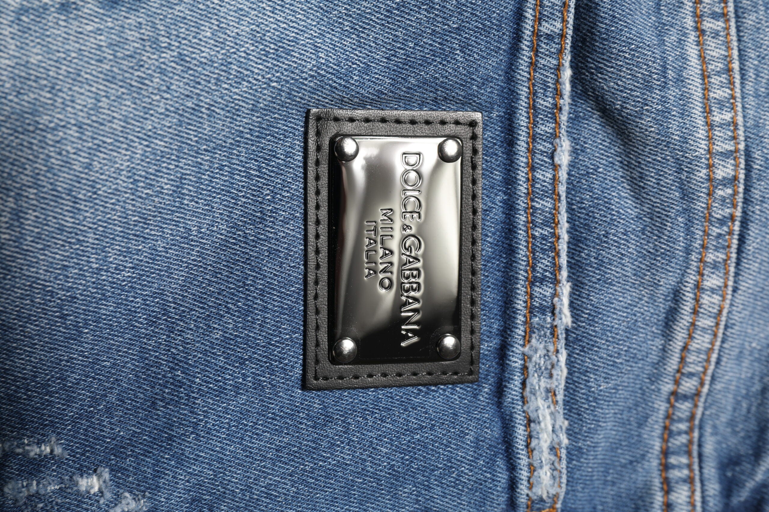 Vaqueros azules de mezclilla Dolce & Gabbana con placa de logotipo en algodón lavado-6
