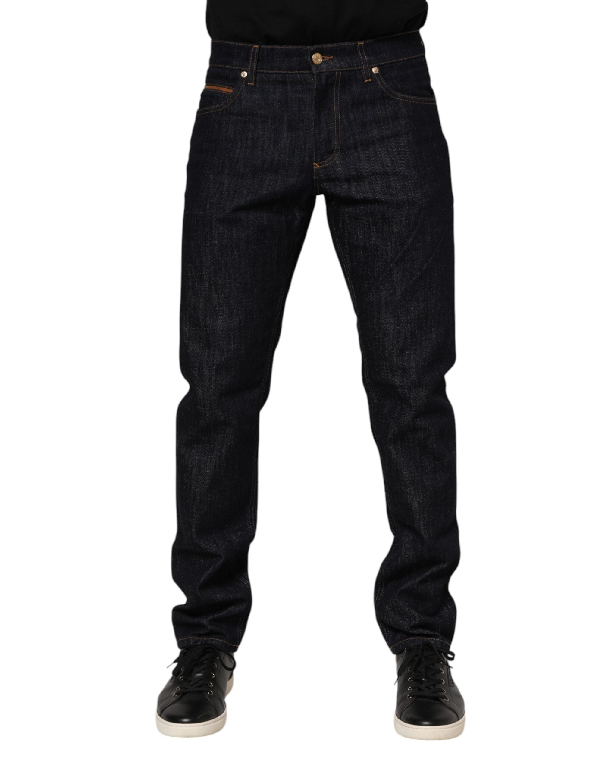 Dolce & Gabbana Dunkelblaue Baumwolle Logo Plaque Männer Denim Jeans-1