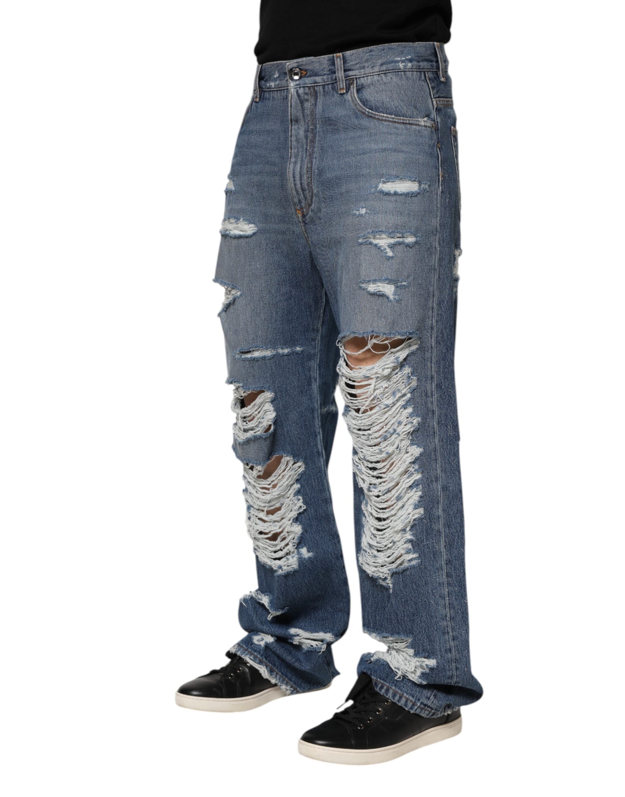 Dolce & Gabbana Blaue zerfledderte Baumwoll-Logo-Plakette Denim-Jeans-3