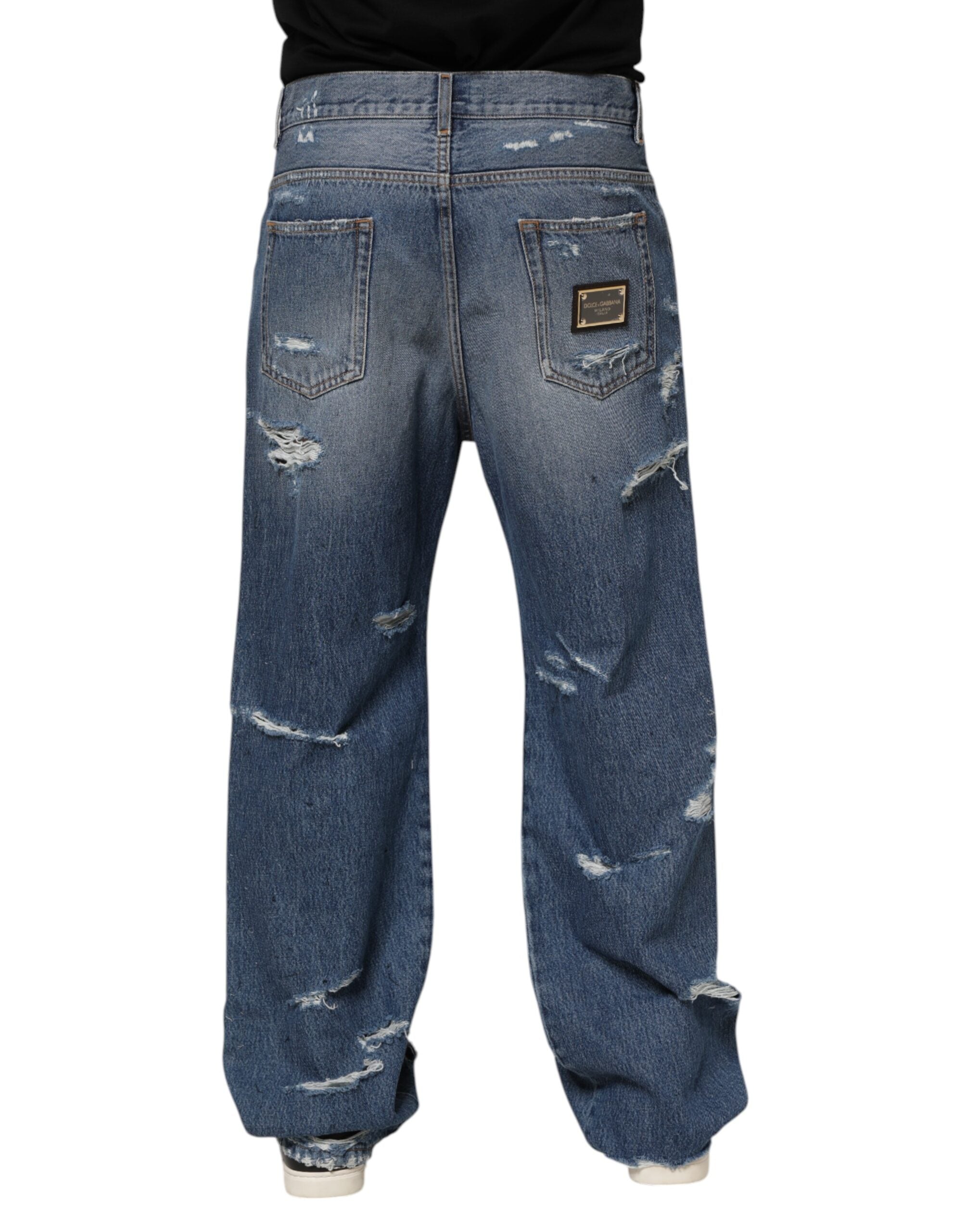 Dolce & Gabbana Blaue zerfledderte Baumwoll-Logo-Plakette Denim-Jeans-4