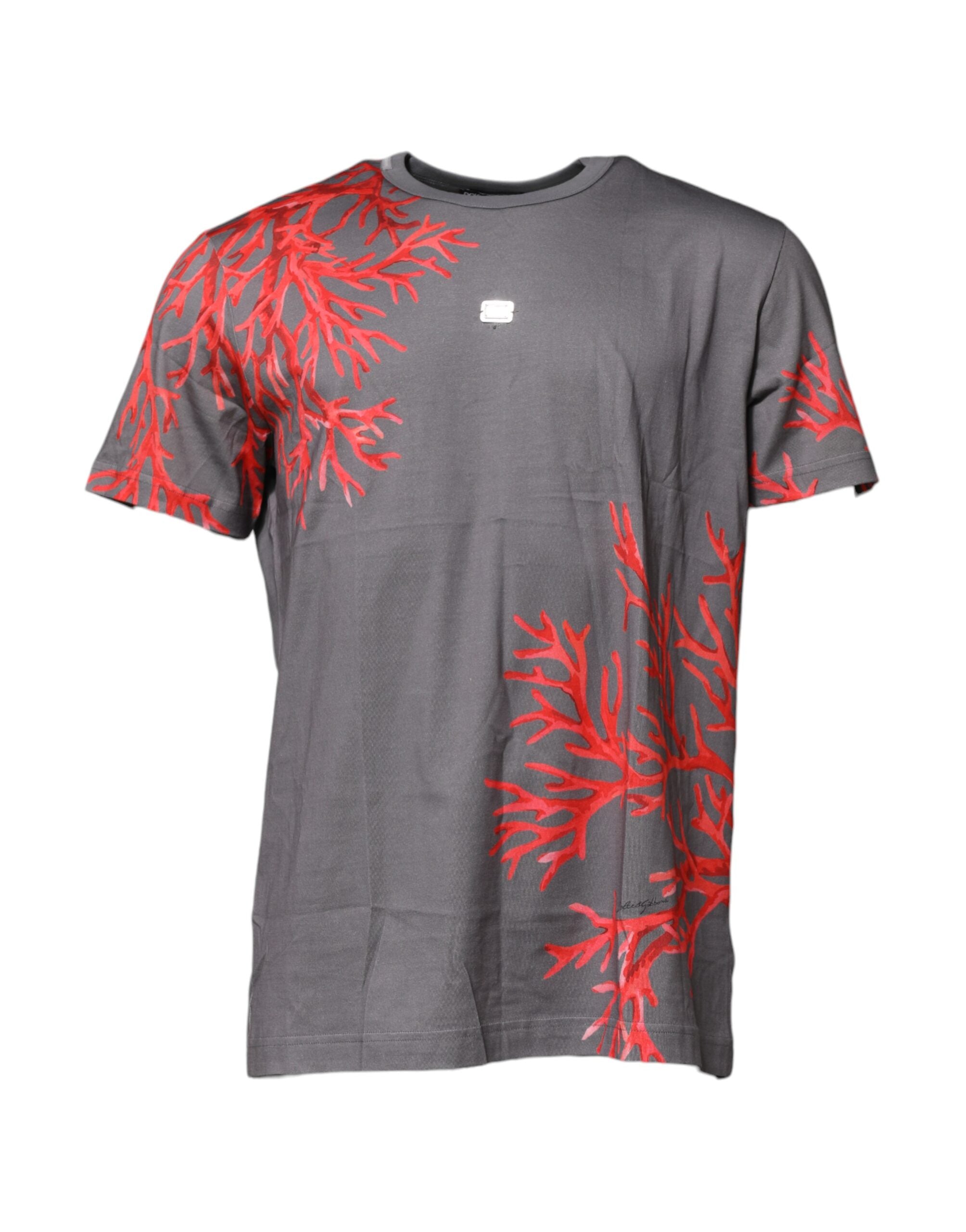 Dolce & Gabbana Graues Baumwoll-T-Shirt mit Korallendruck und Logo-Plakette-2