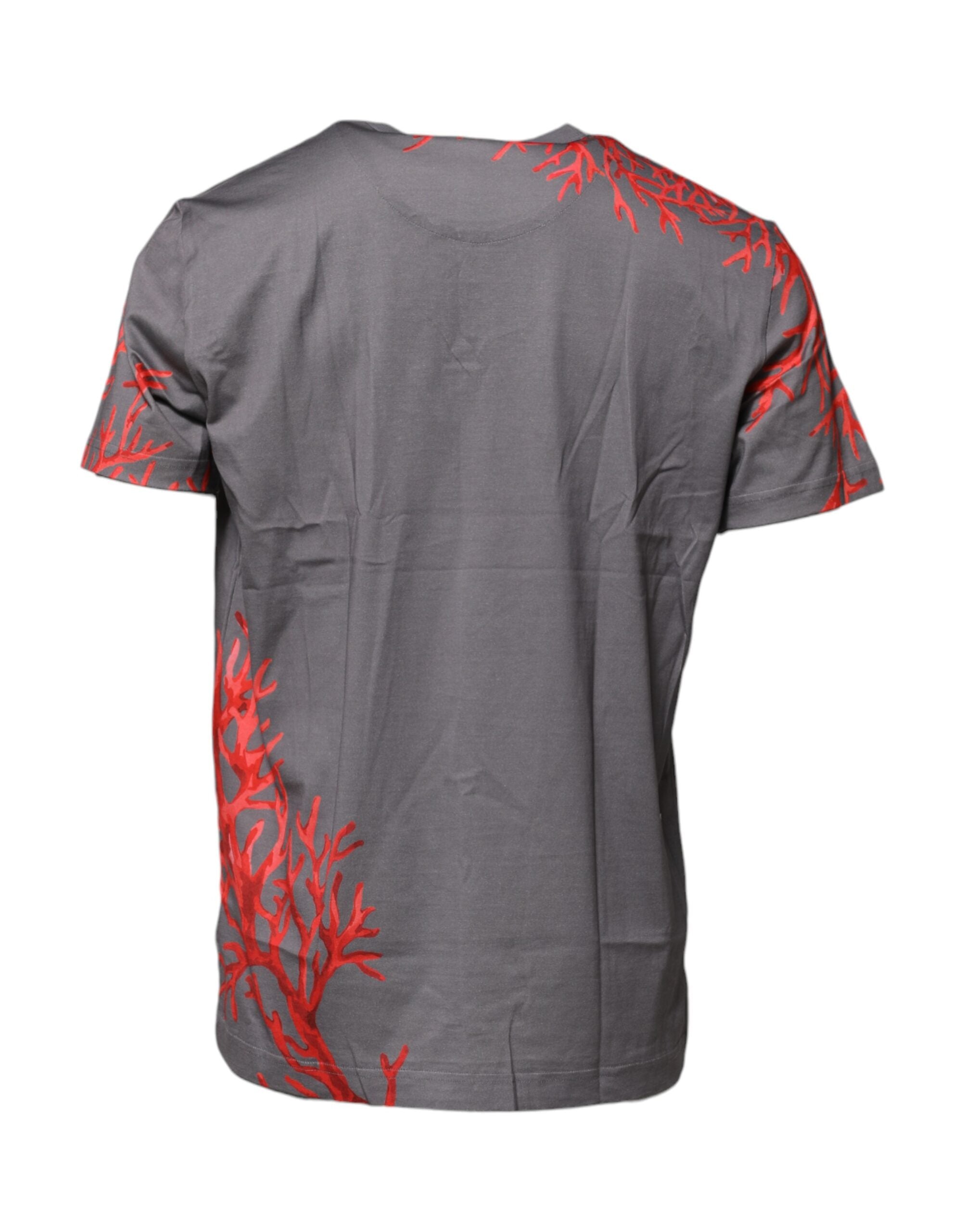 Dolce & Gabbana Graues Baumwoll-T-Shirt mit Korallendruck und Logo-Plakette-4