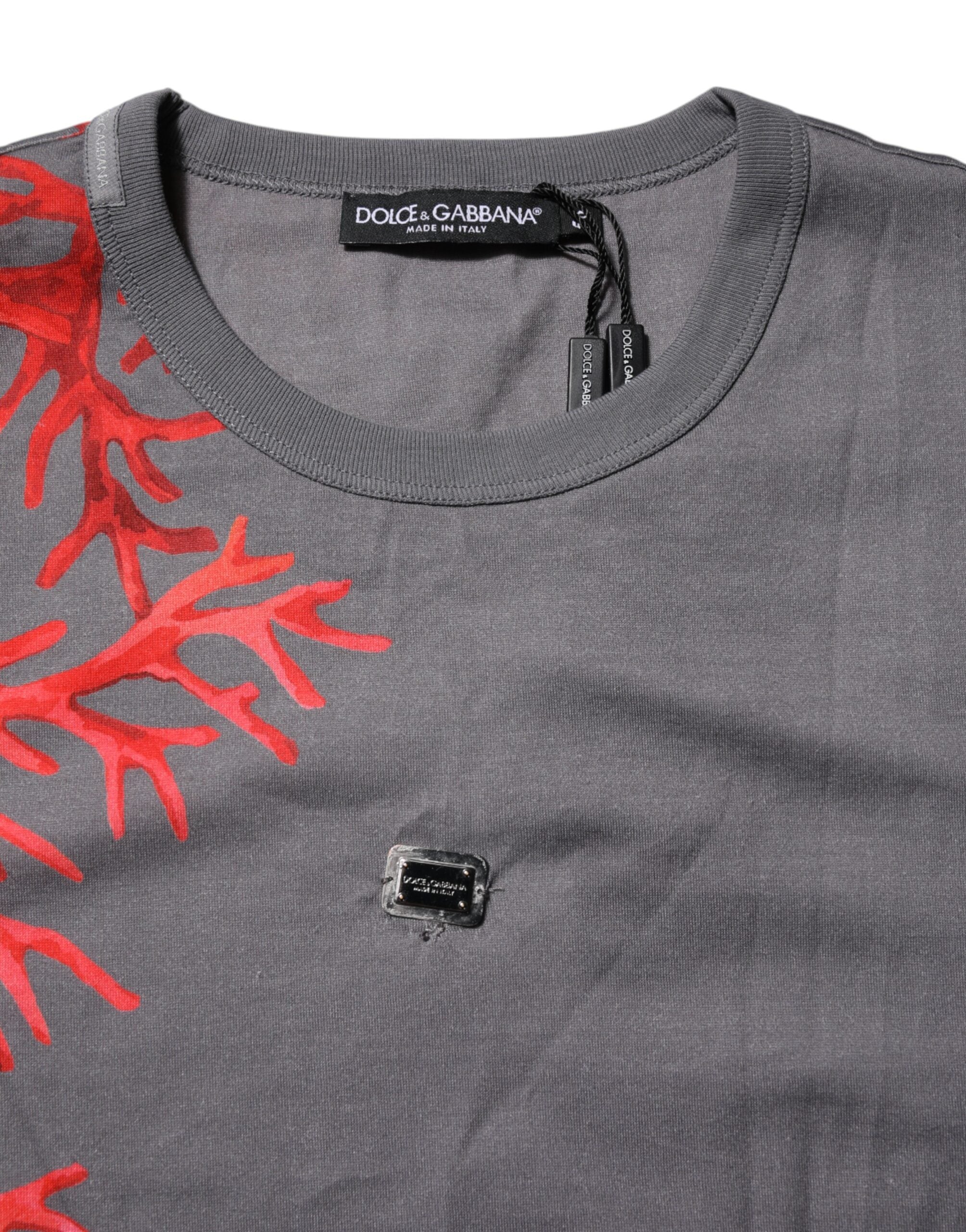 Dolce & Gabbana Graues Baumwoll-T-Shirt mit Korallendruck und Logo-Plakette-5