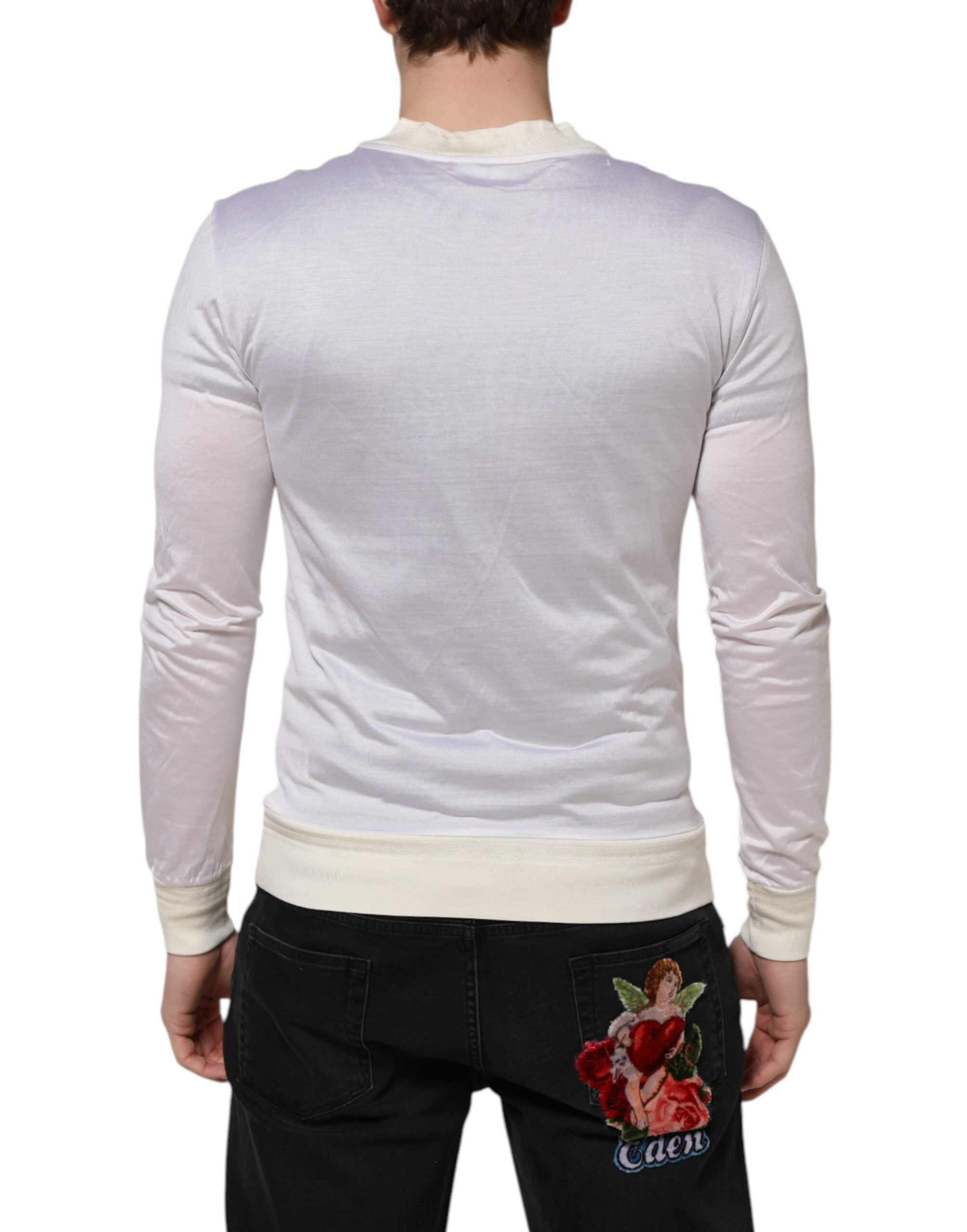 Dolce & Gabbana white silk T-shirt with round neck and long sleeves-4