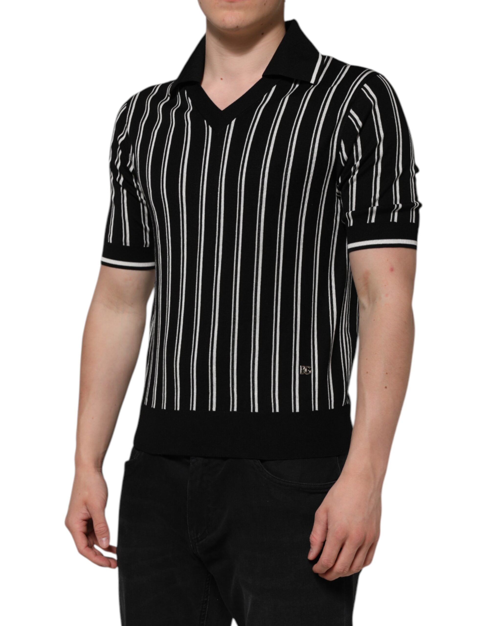 Dolce & Gabbana black and white striped polo T-shirt with collar-3