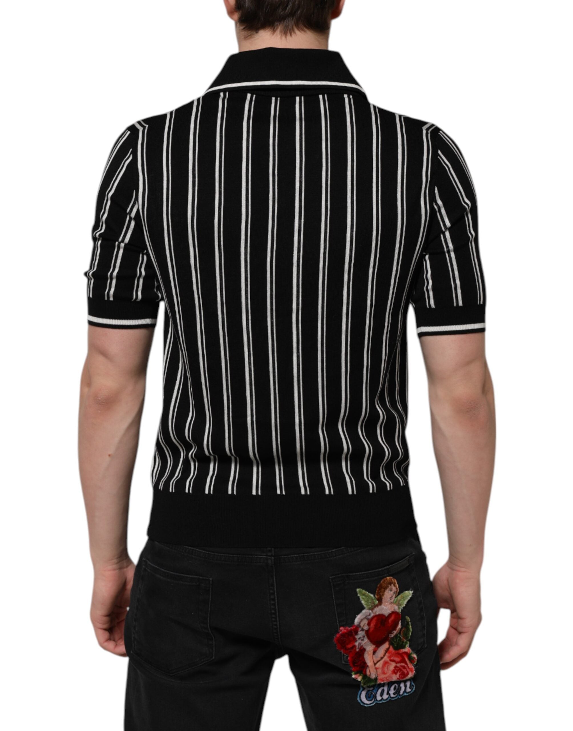Dolce & Gabbana black and white striped polo T-shirt with collar-4