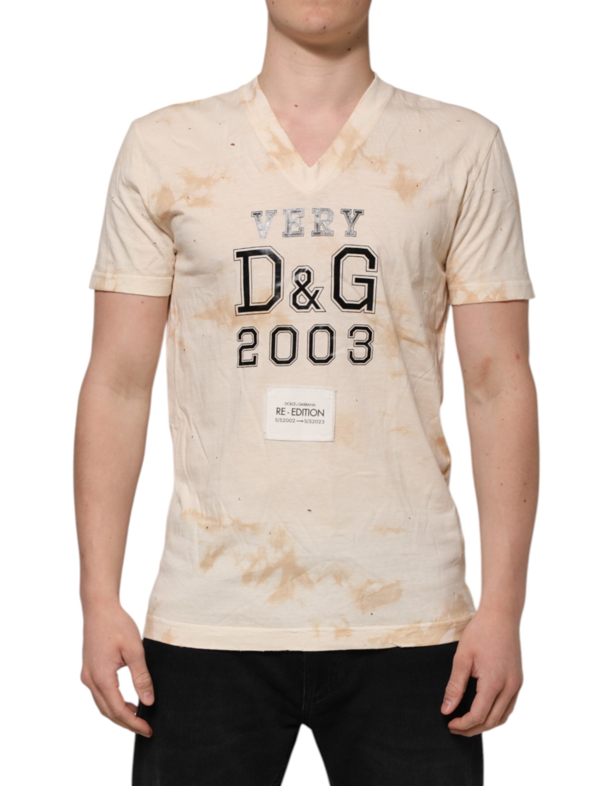 Dolce & Gabbana Beige Logo Print Short Sleeve V-Neck T-Shirt-2