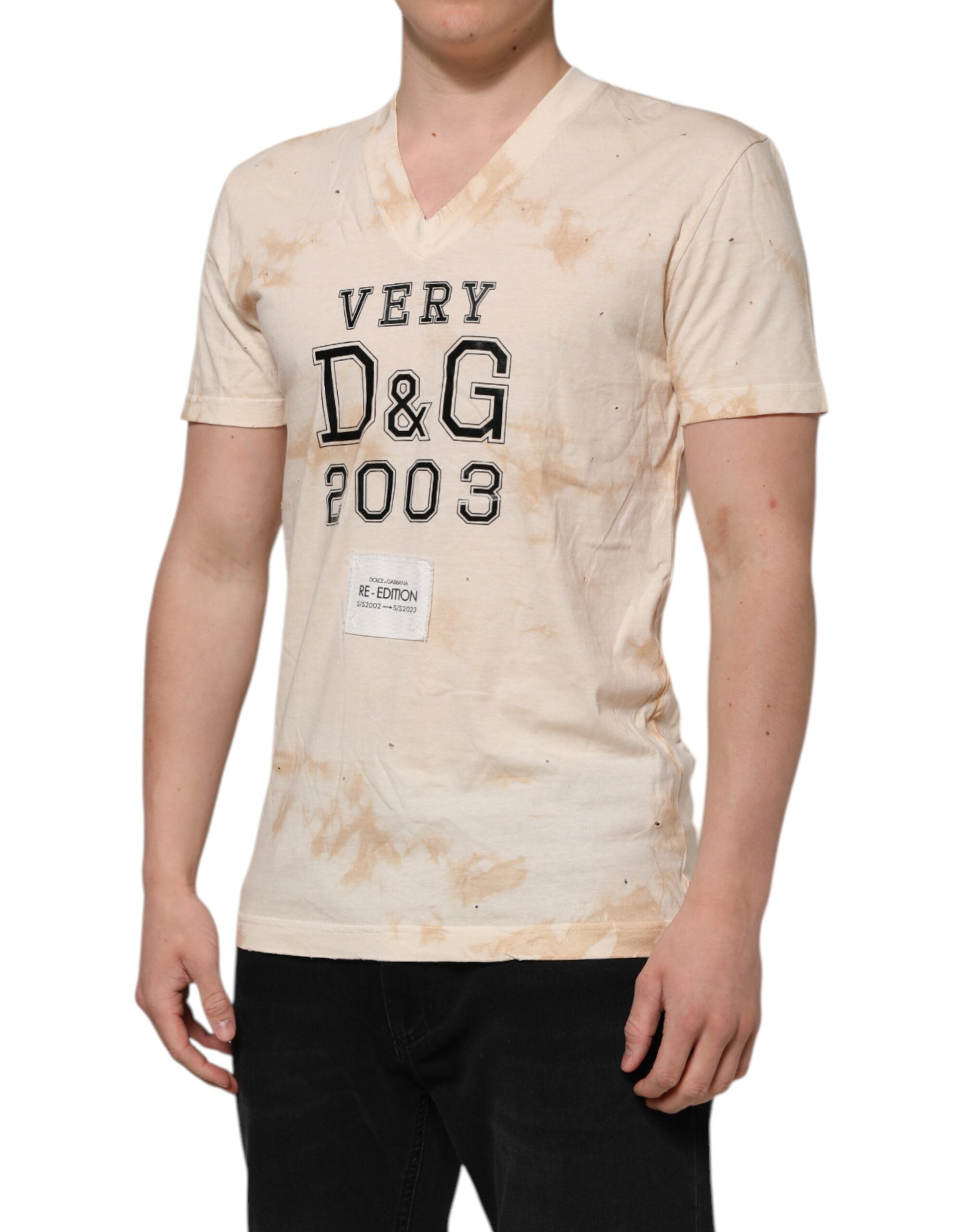 Dolce & Gabbana Beige Logo Print Short Sleeve V-Neck T-Shirt-3