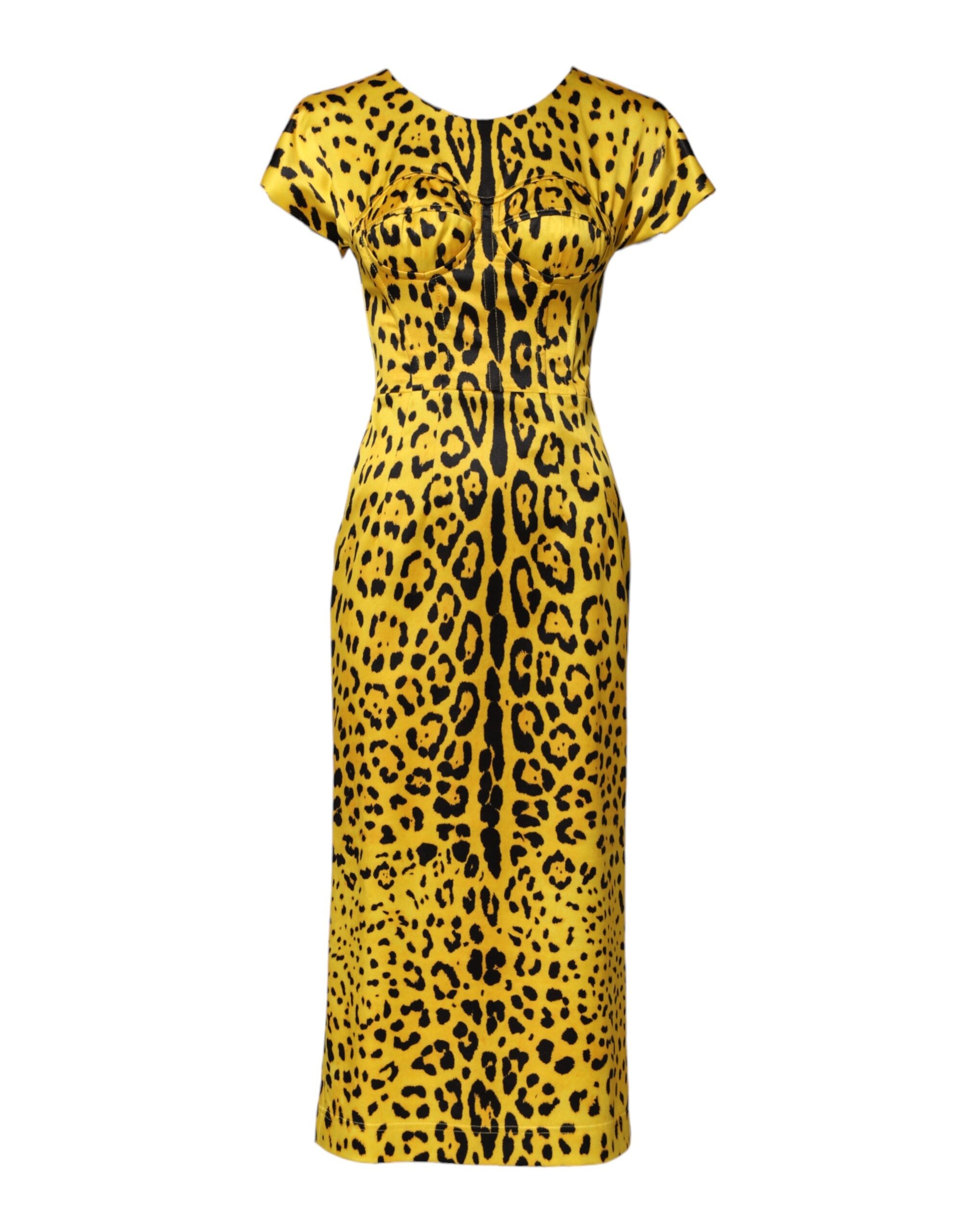 Dolce & Gabbana Yellow Polyester Leopard Print Midi Sheath Dress-1