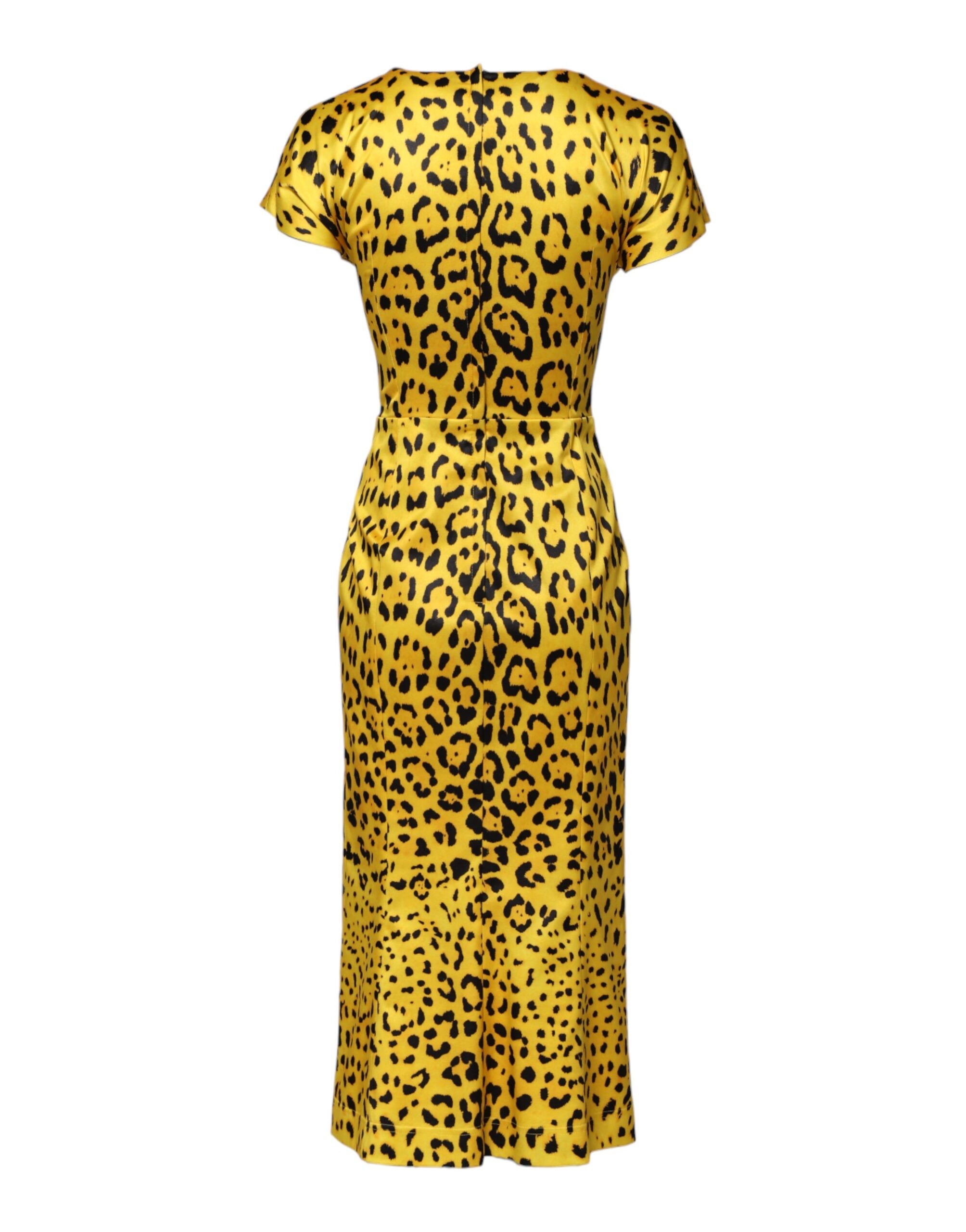 Dolce & Gabbana Yellow Polyester Leopard Print Midi Sheath Dress-3