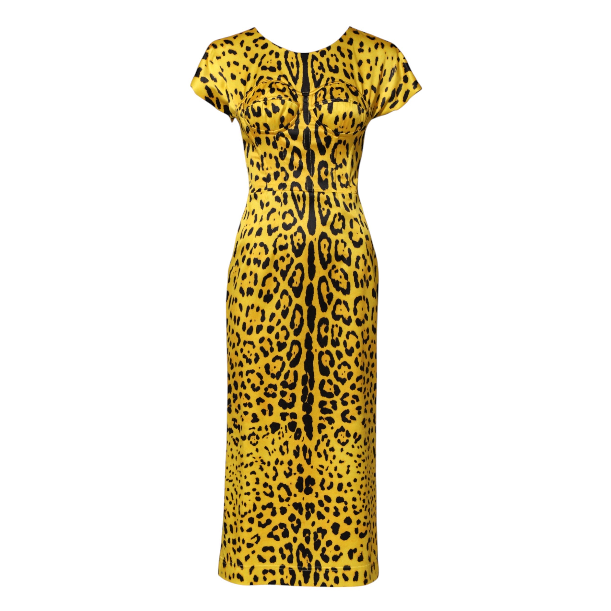 Dolce & Gabbana Yellow Polyester Leopard Print Midi Sheath Dress-5