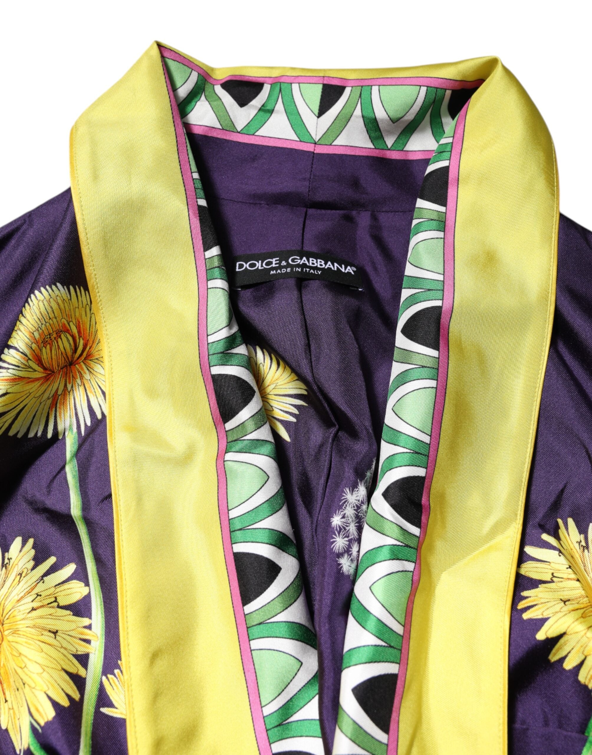 Dolce & Gabbana blue silk wrap coat with floral pattern and long sleeves-4