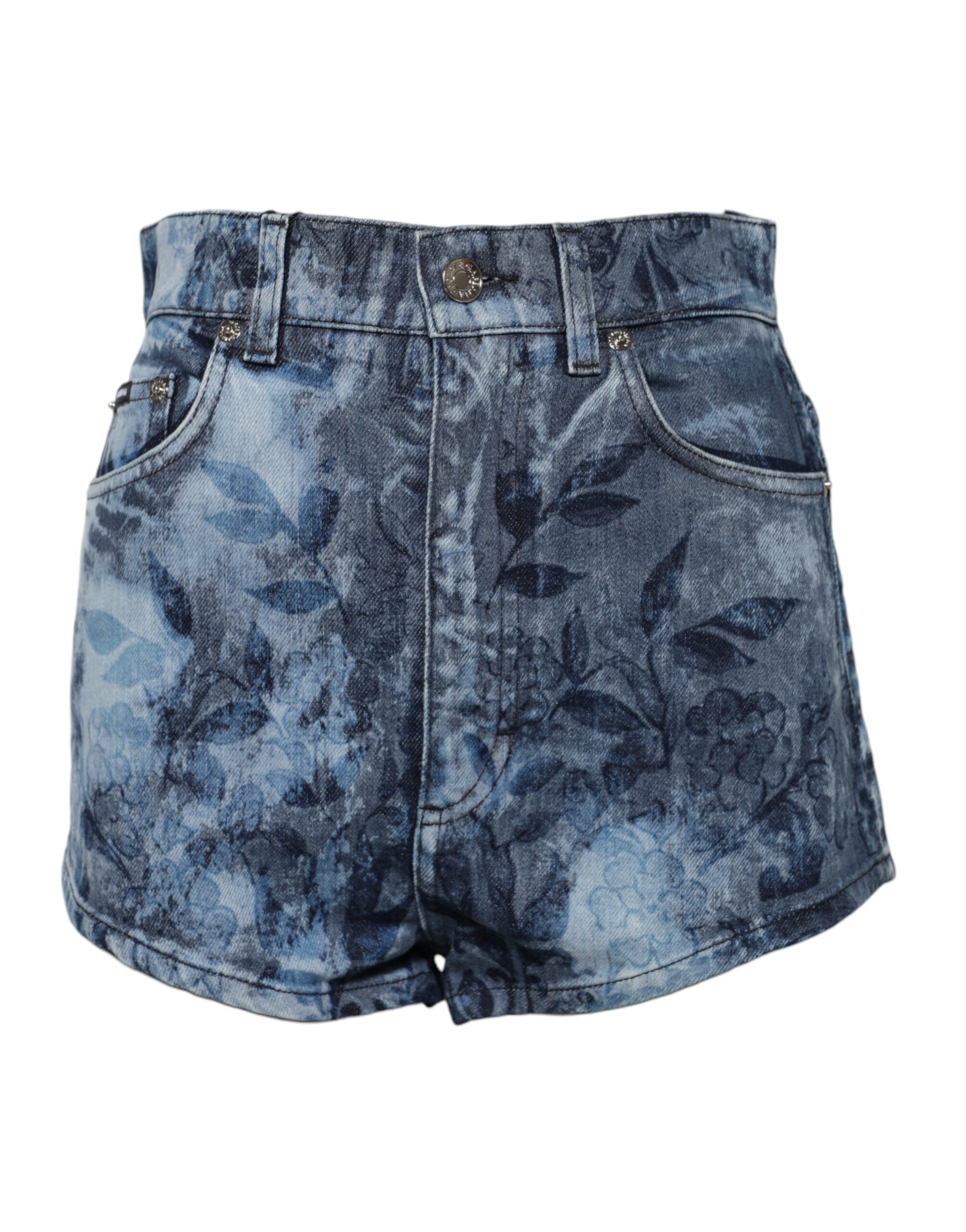 Dolce & Gabbana Blue Floral Print Denim Cotton Hot Pants Shorts-1