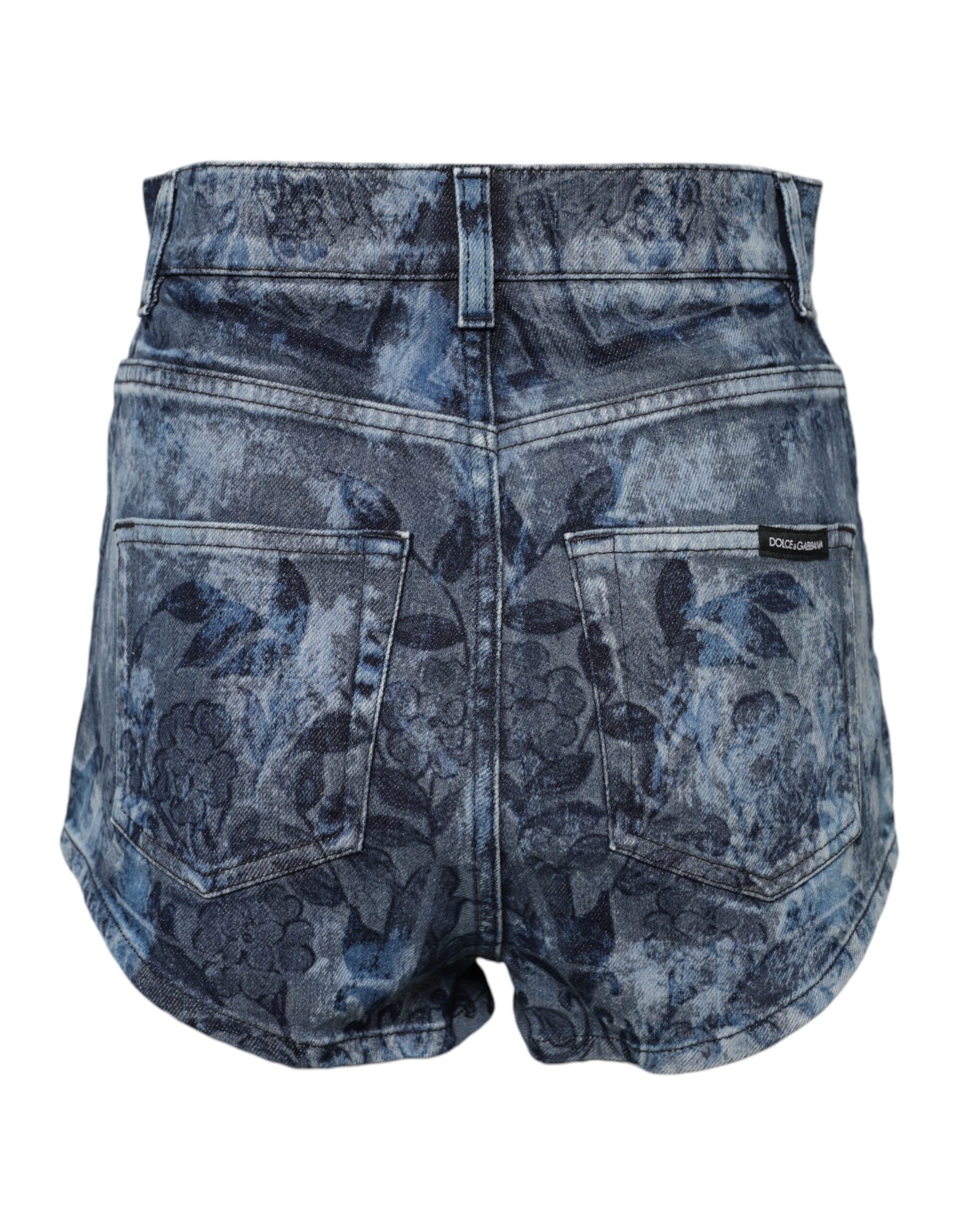 Dolce & Gabbana Blue Floral Print Denim Cotton Hot Pants Shorts-3