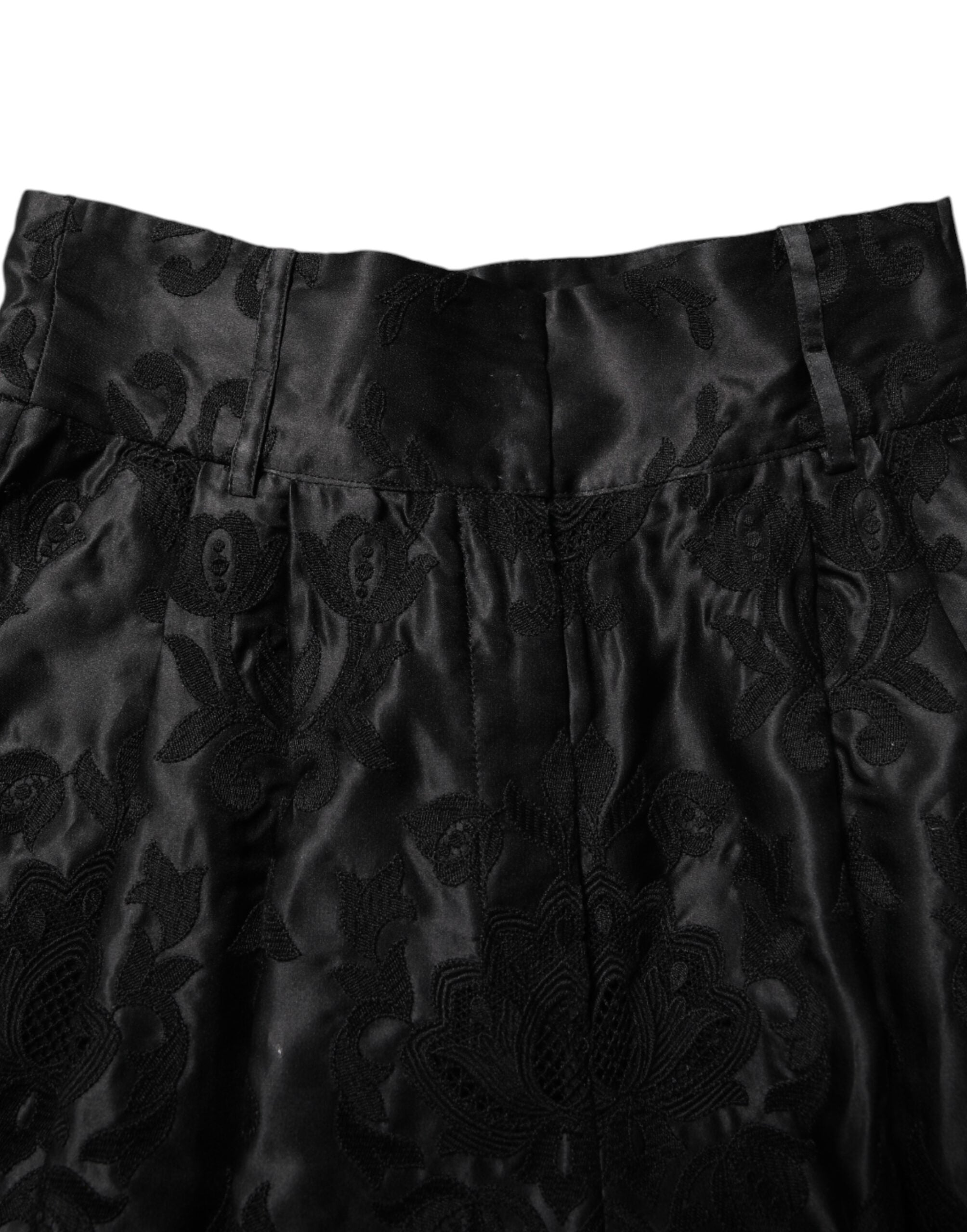 Dolce & Gabbana Schwarze Seidenshorts mit Blumenstickerei und hoher Taille-4