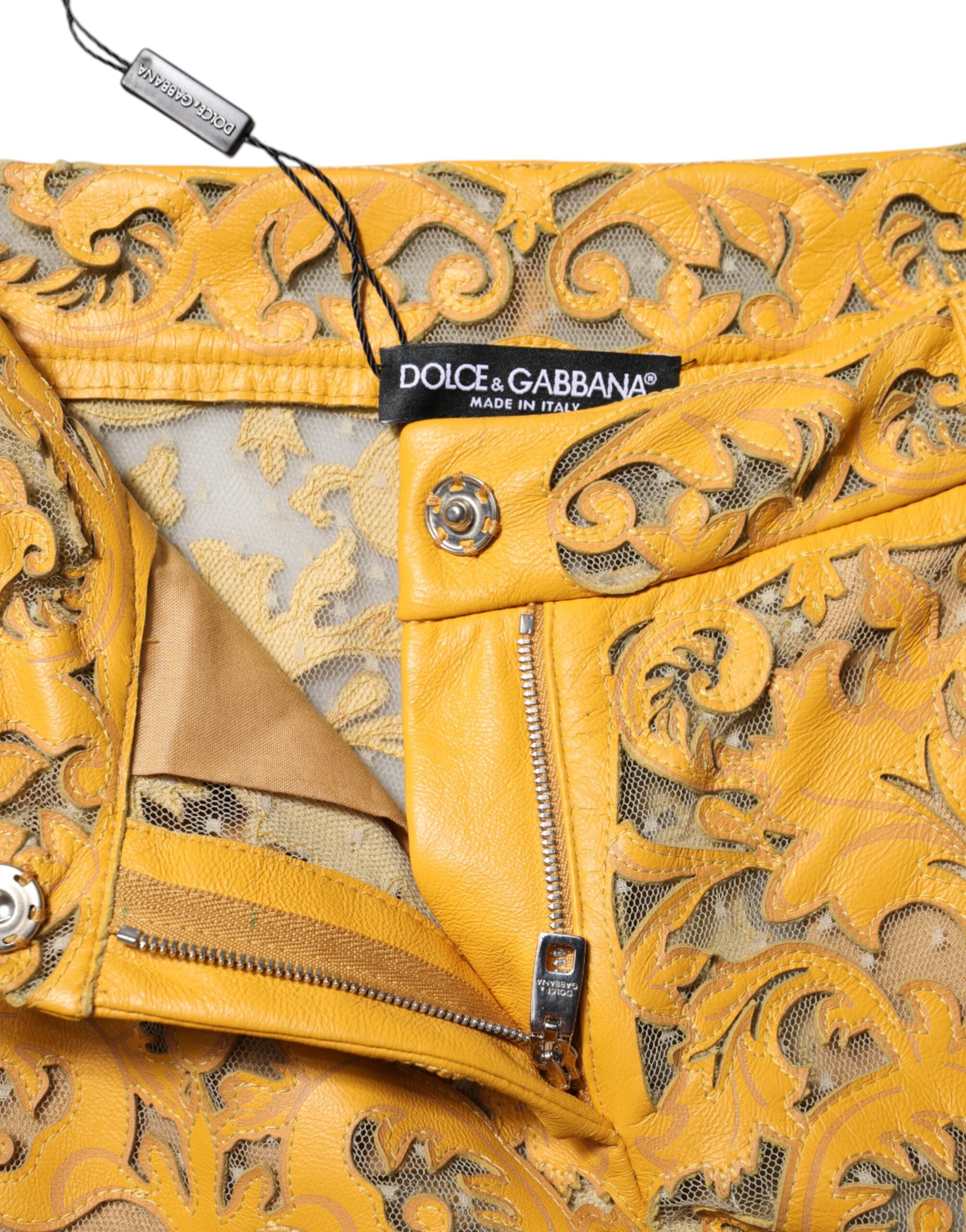 Pantalones capri de cintura media con encaje floral amarillo de Dolce & Gabbana-4