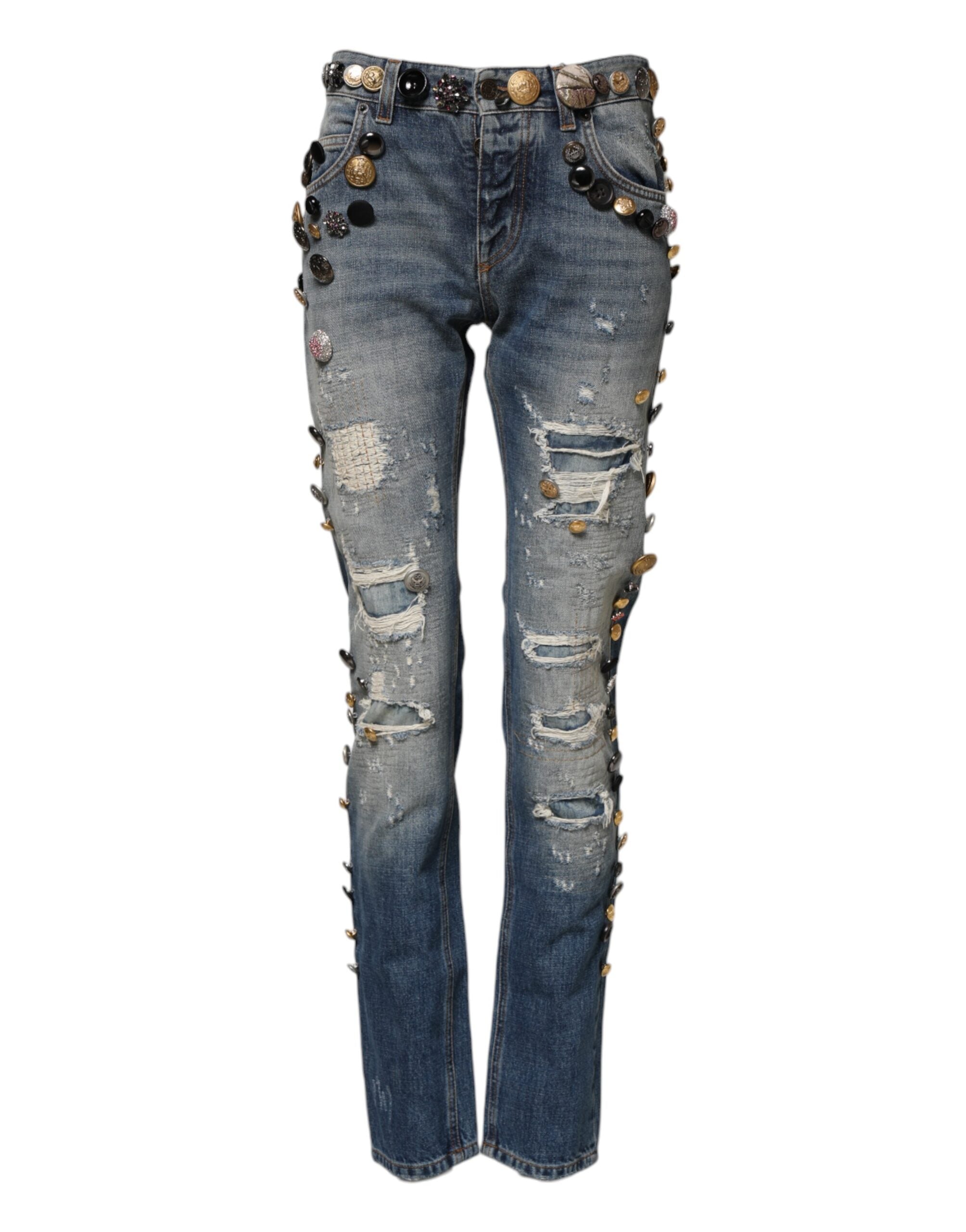 Dolce & Gabbana Blue Embellished Ripped Skinny Denim Jeans -1
