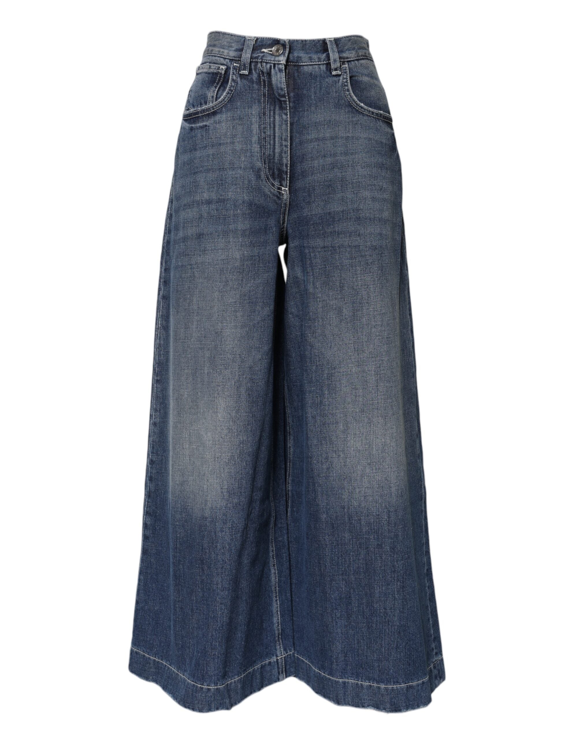 Dolce & Gabbana Blaue Denim-Jeans mit hoher Taille und weitem Bein aus Baumwolle-4