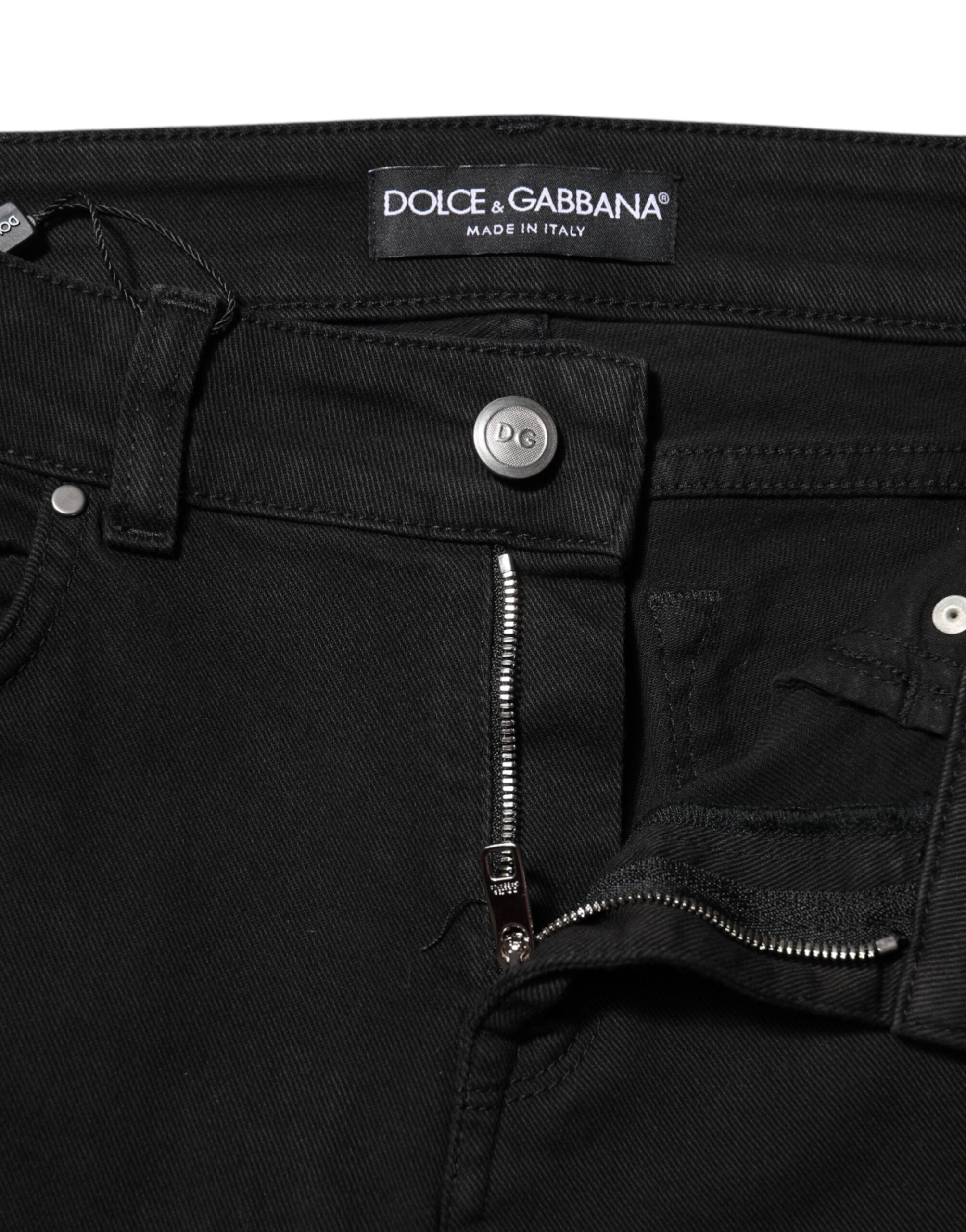 Vaqueros ajustados de cintura media con logo de algodón negro de Dolce & Gabbana -4