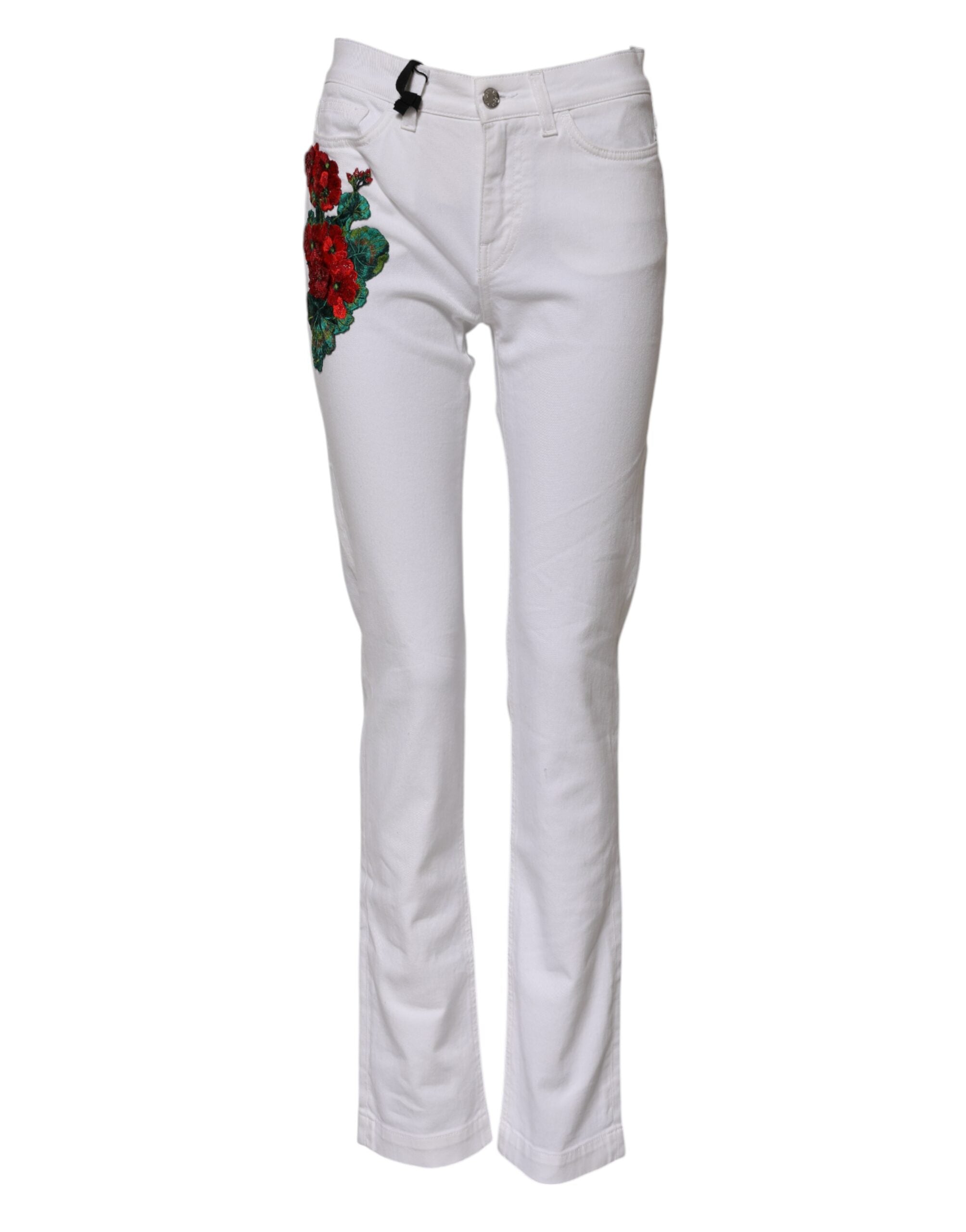Dolce & Gabbana White Denim Jeans with Floral Embroidery GIRLY -1