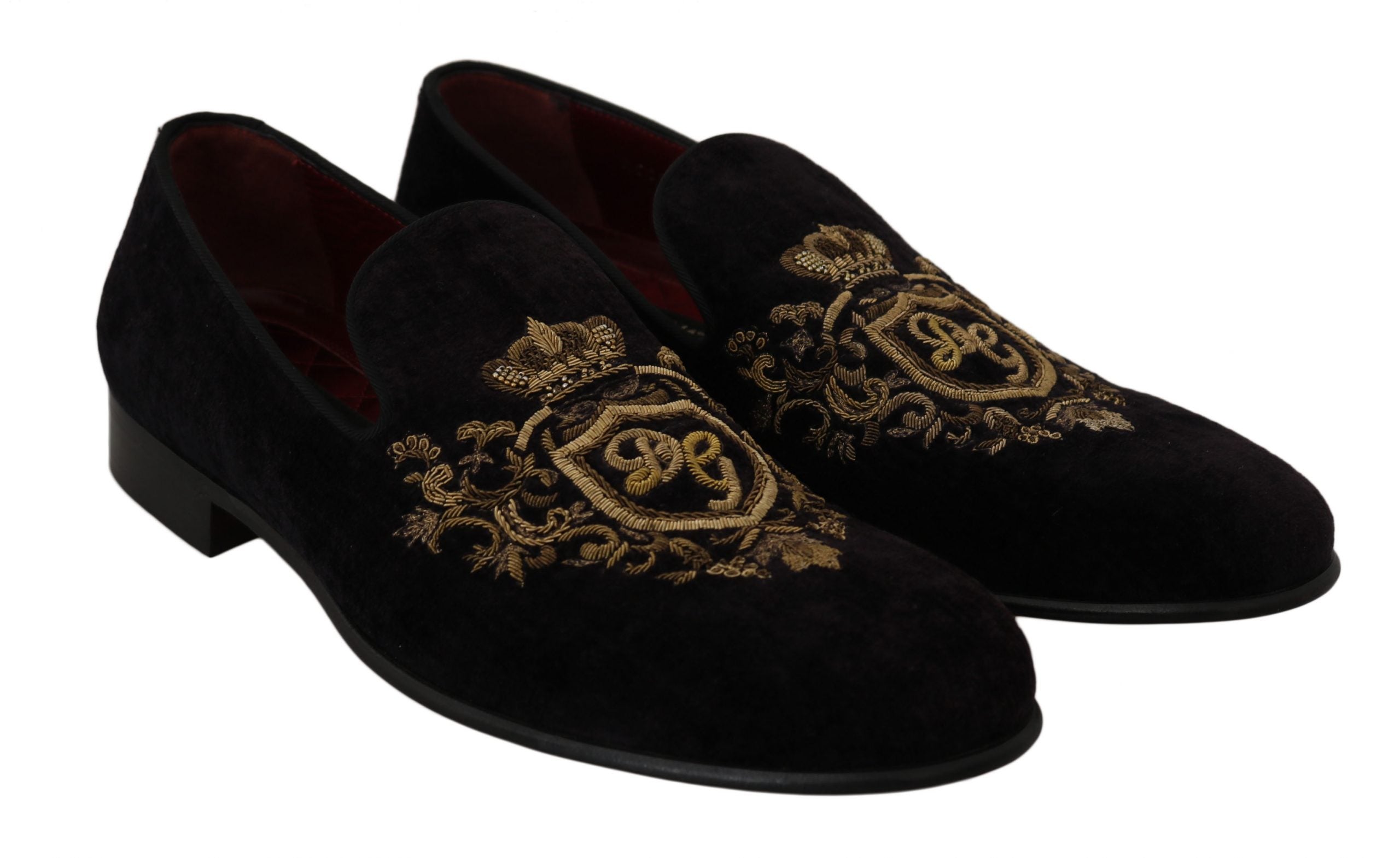 Dolce & Gabbana Loafers Black Velvet Gold Crown-5