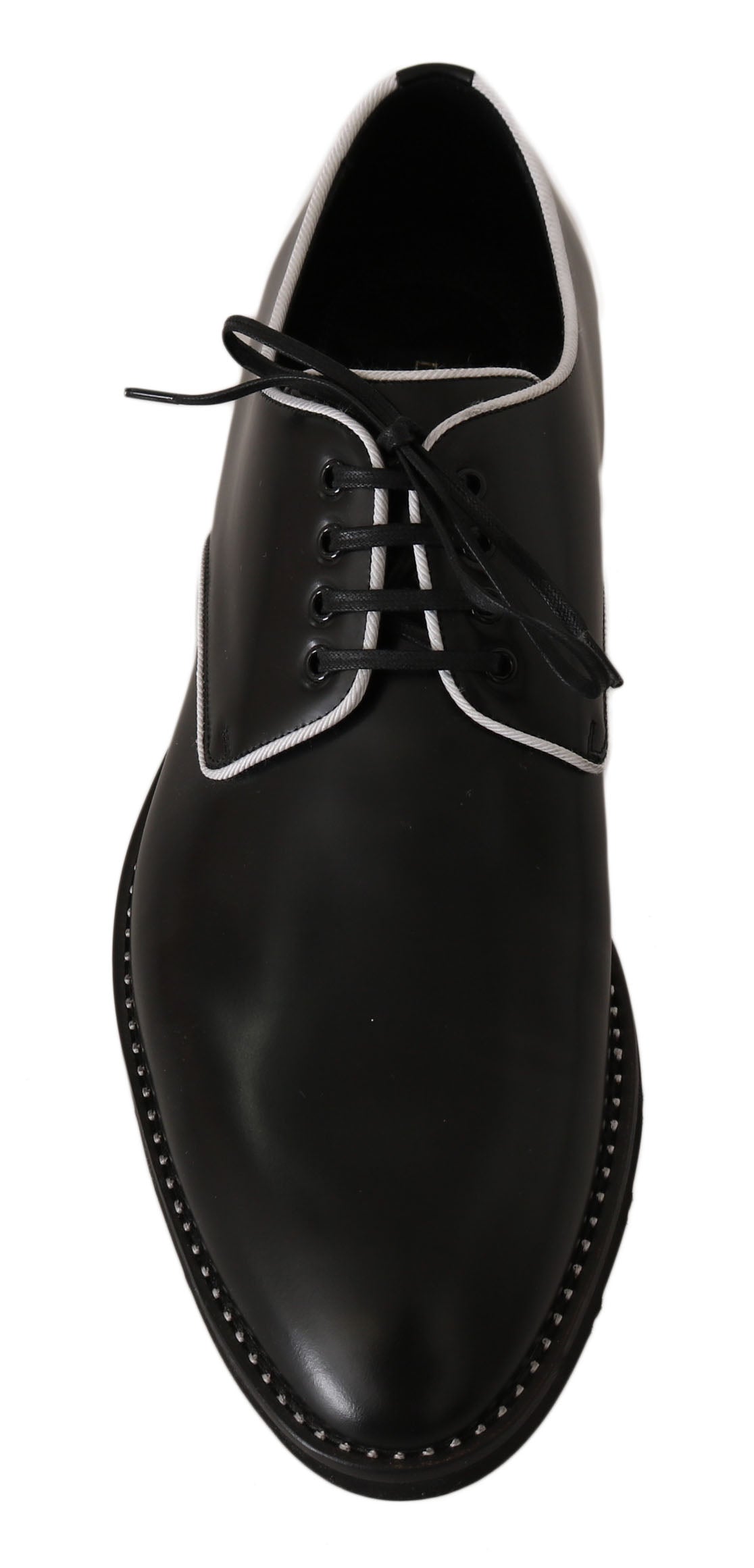 Dolce & Gabbana Schwarzes Leder Weiße Linie Kleid Derby Schuhe-2