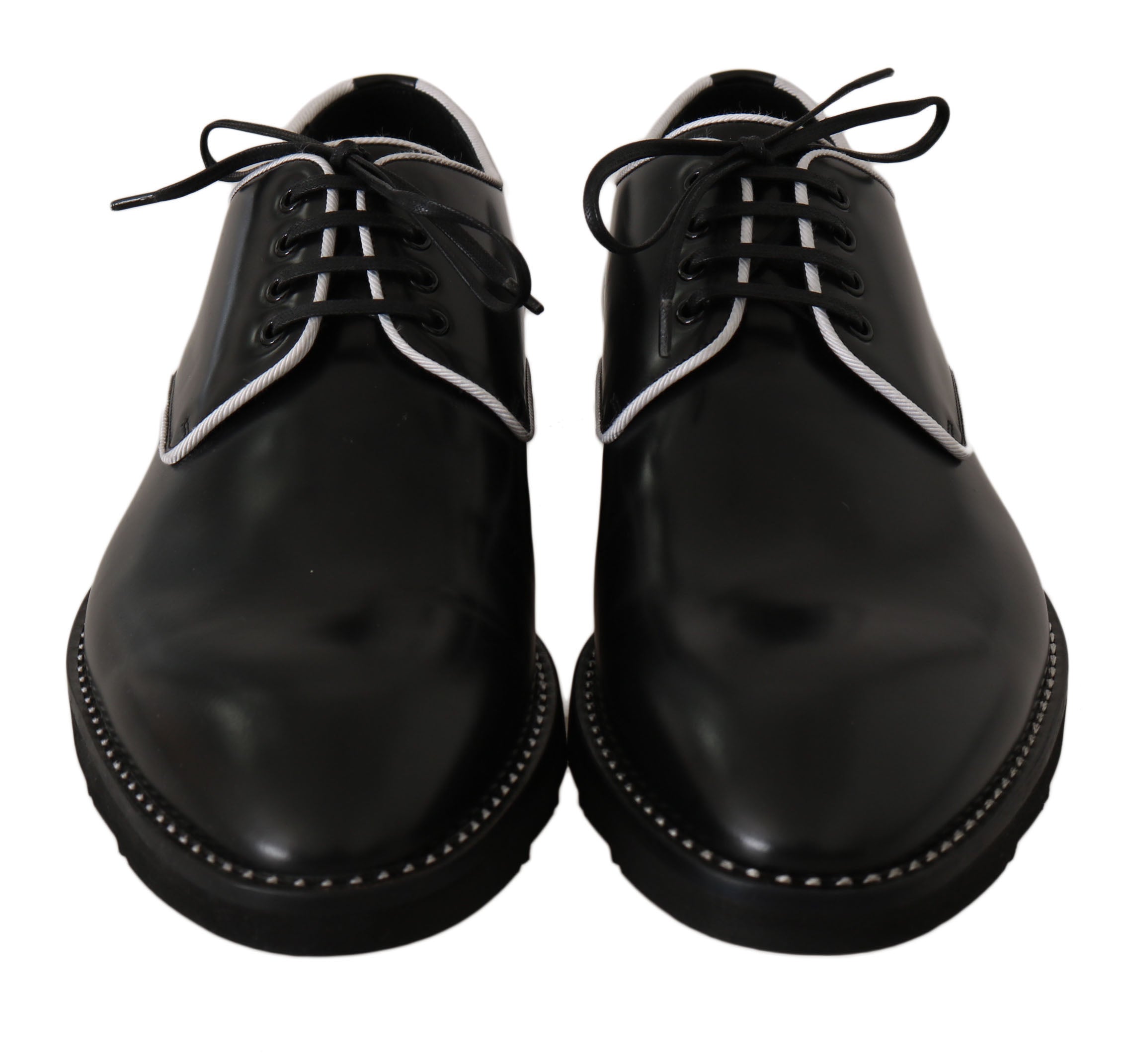 Dolce & Gabbana Schwarzes Leder Weiße Linie Kleid Derby Schuhe-3