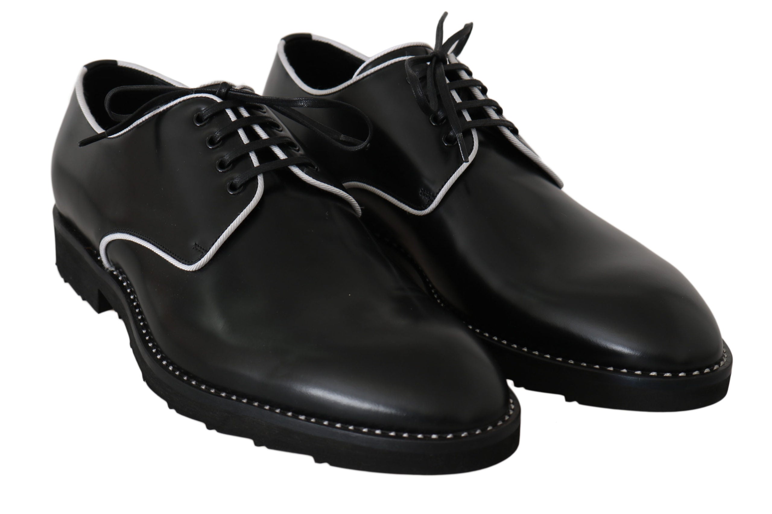 Dolce & Gabbana Schwarzes Leder Weiße Linie Kleid Derby Schuhe-4