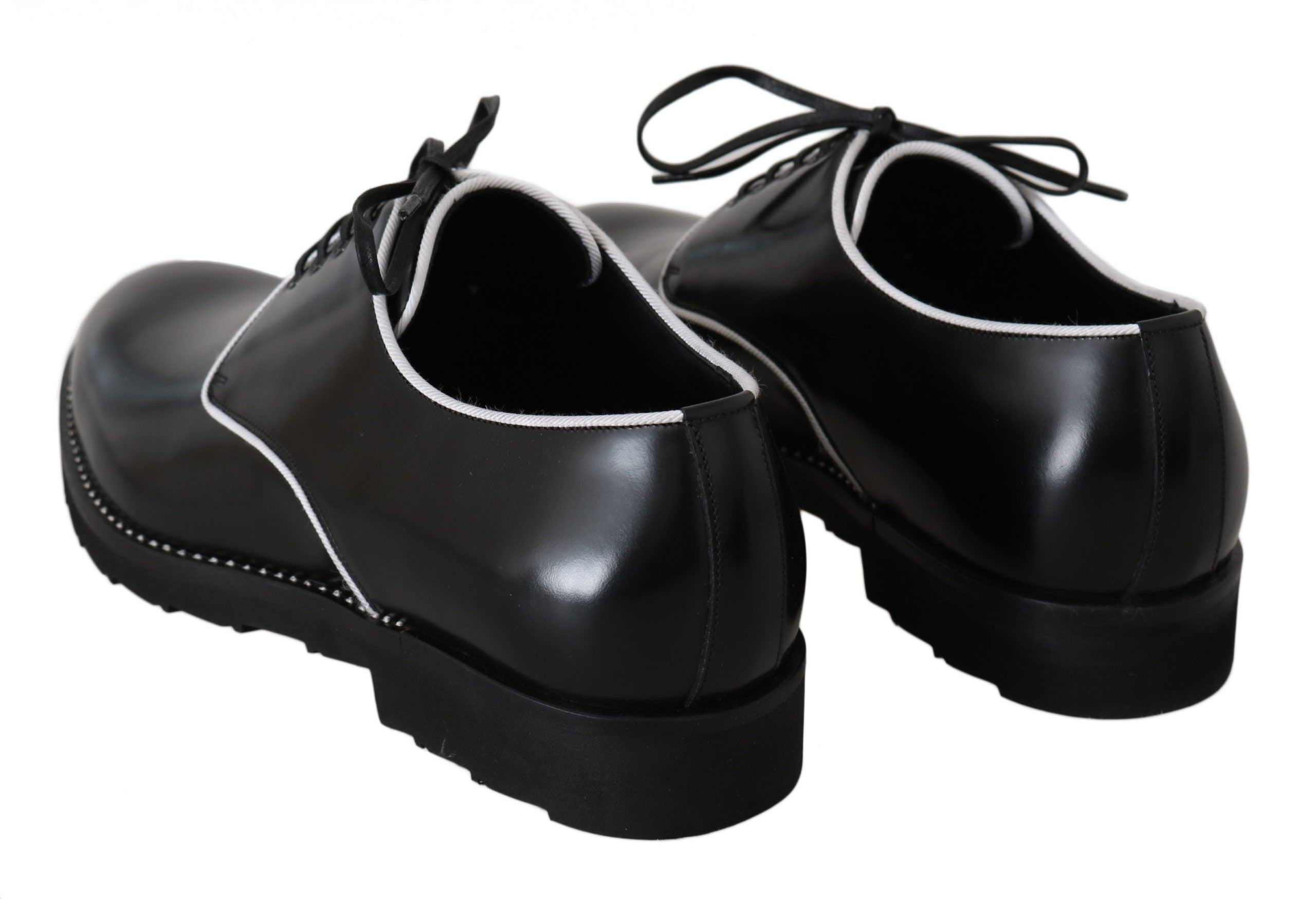 Dolce & Gabbana Schwarzes Leder Weiße Linie Kleid Derby Schuhe-5