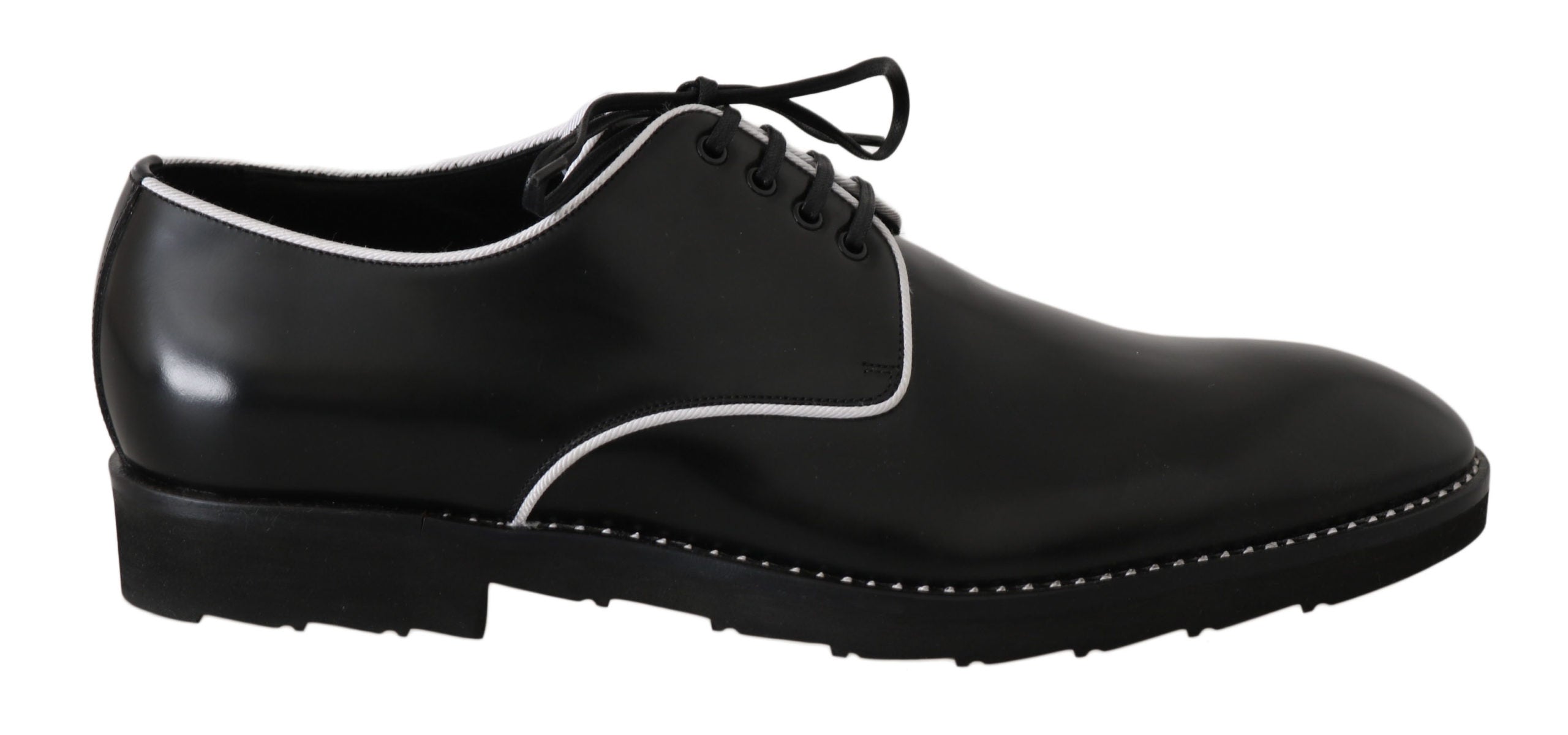 Dolce & Gabbana Schwarzes Leder Weiße Linie Kleid Derby Schuhe-1