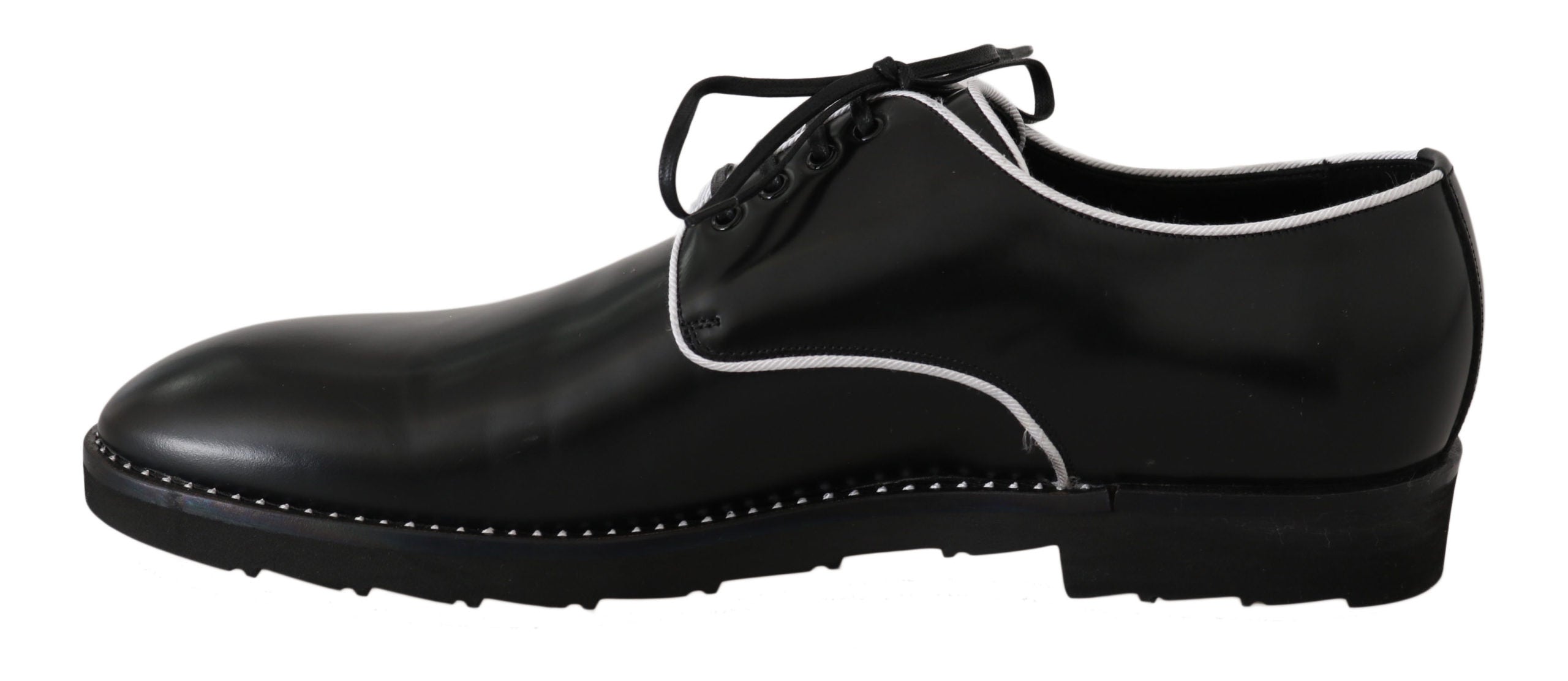 Dolce & Gabbana Schwarzes Leder Weiße Linie Kleid Derby Schuhe-6