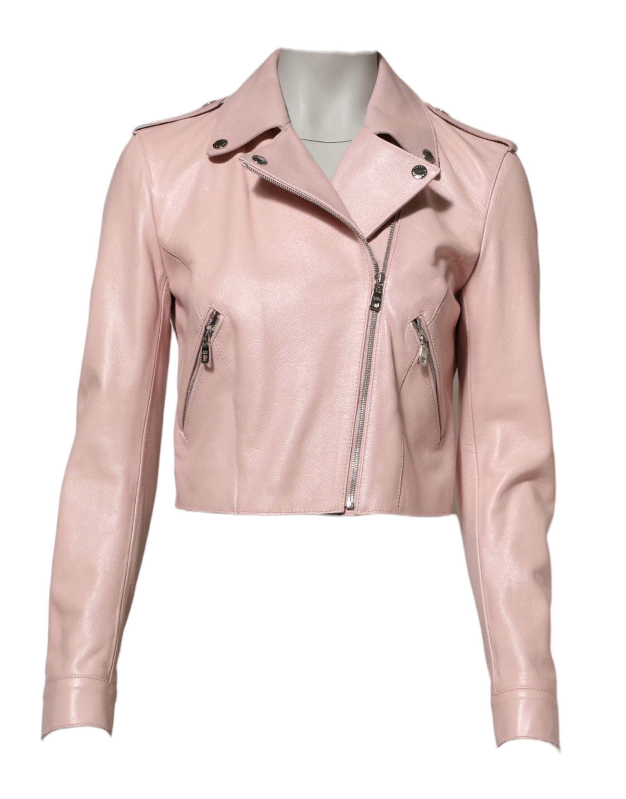 Dolce & Gabbana Light Pink Collar Leather Women's Biker Jacket-2