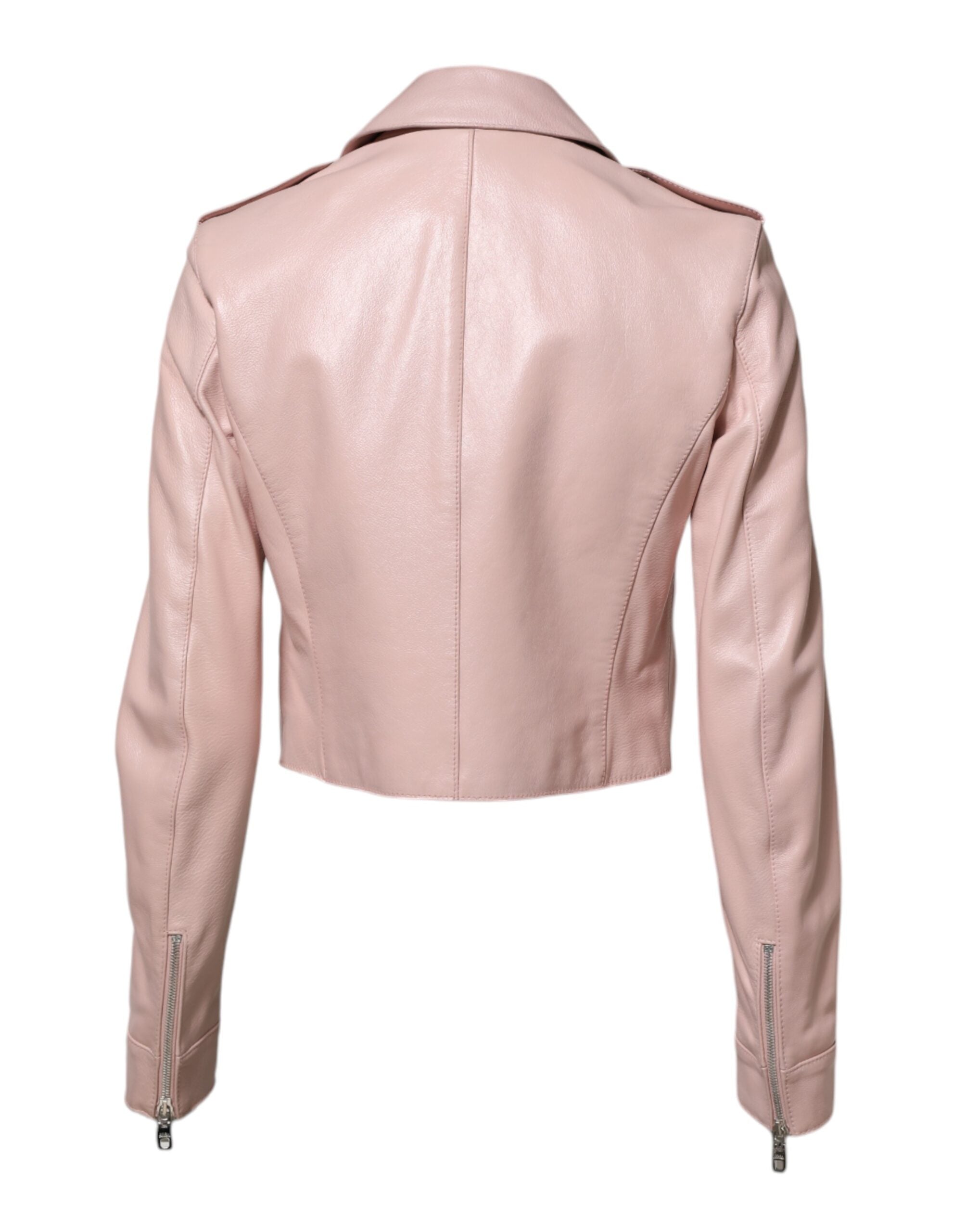 Dolce & Gabbana Light Pink Collar Leather Women's Biker Jacket-3