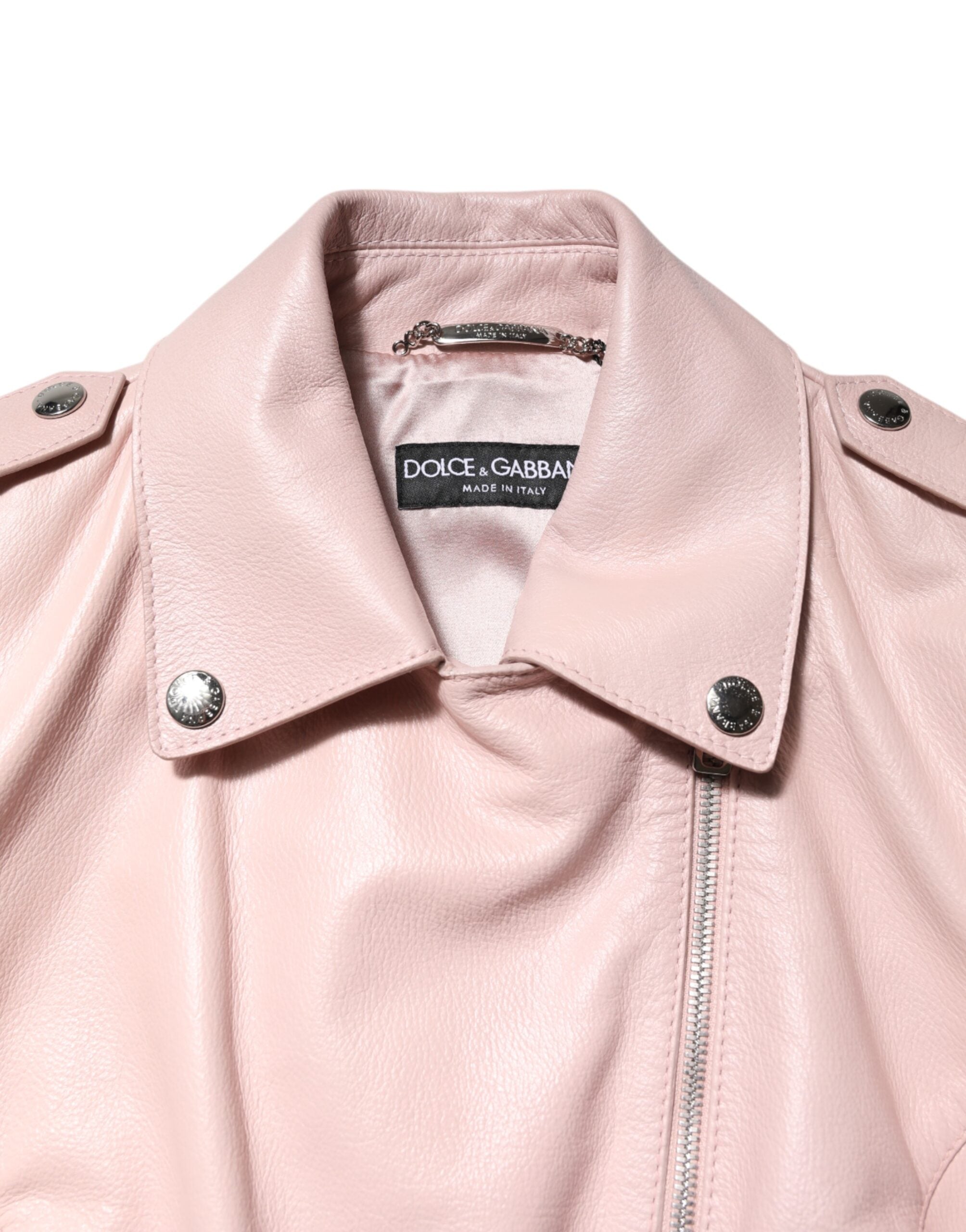 Dolce & Gabbana Light Pink Collar Leather Women's Biker Jacket-4