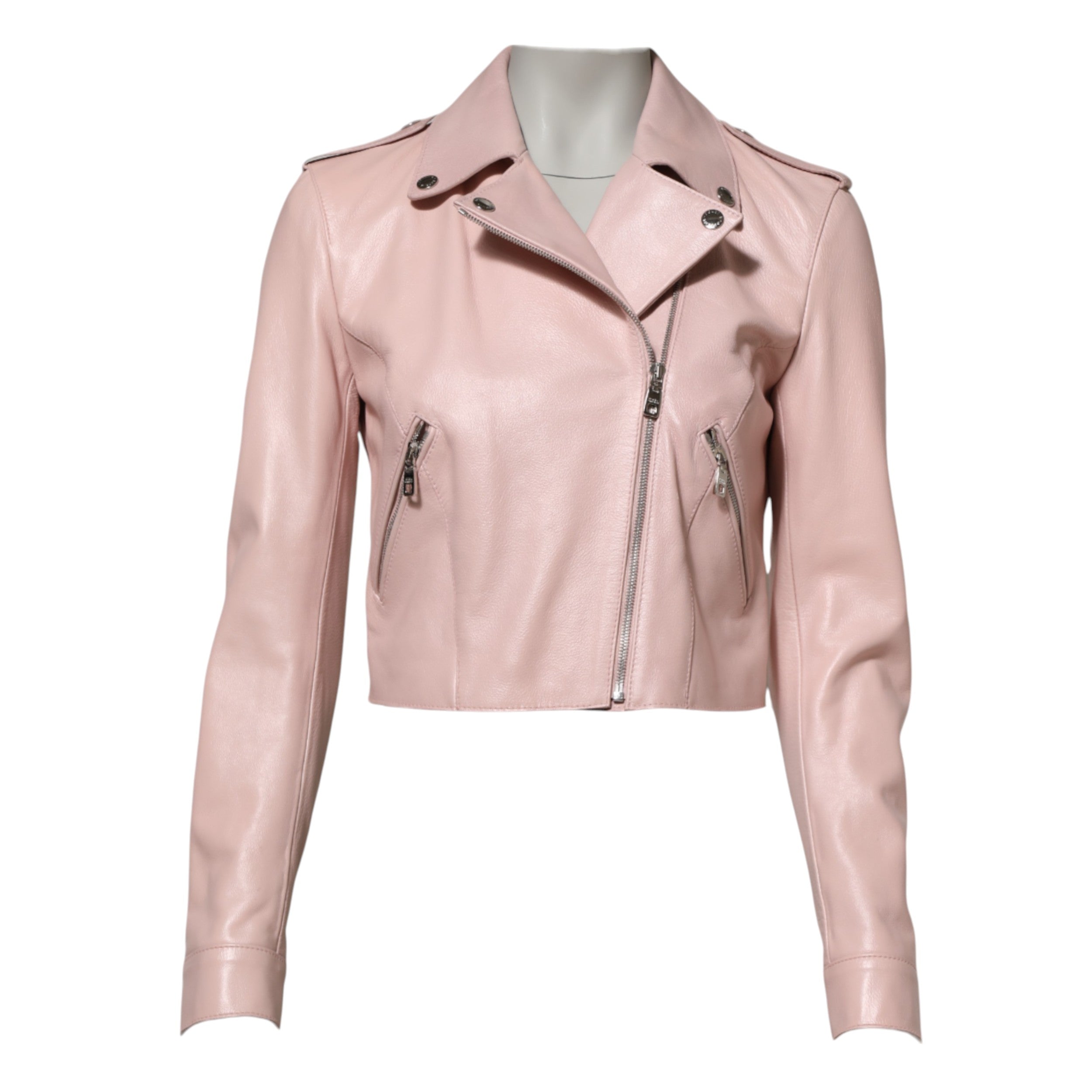 Dolce & Gabbana Light Pink Collar Leather Women's Biker Jacket-5