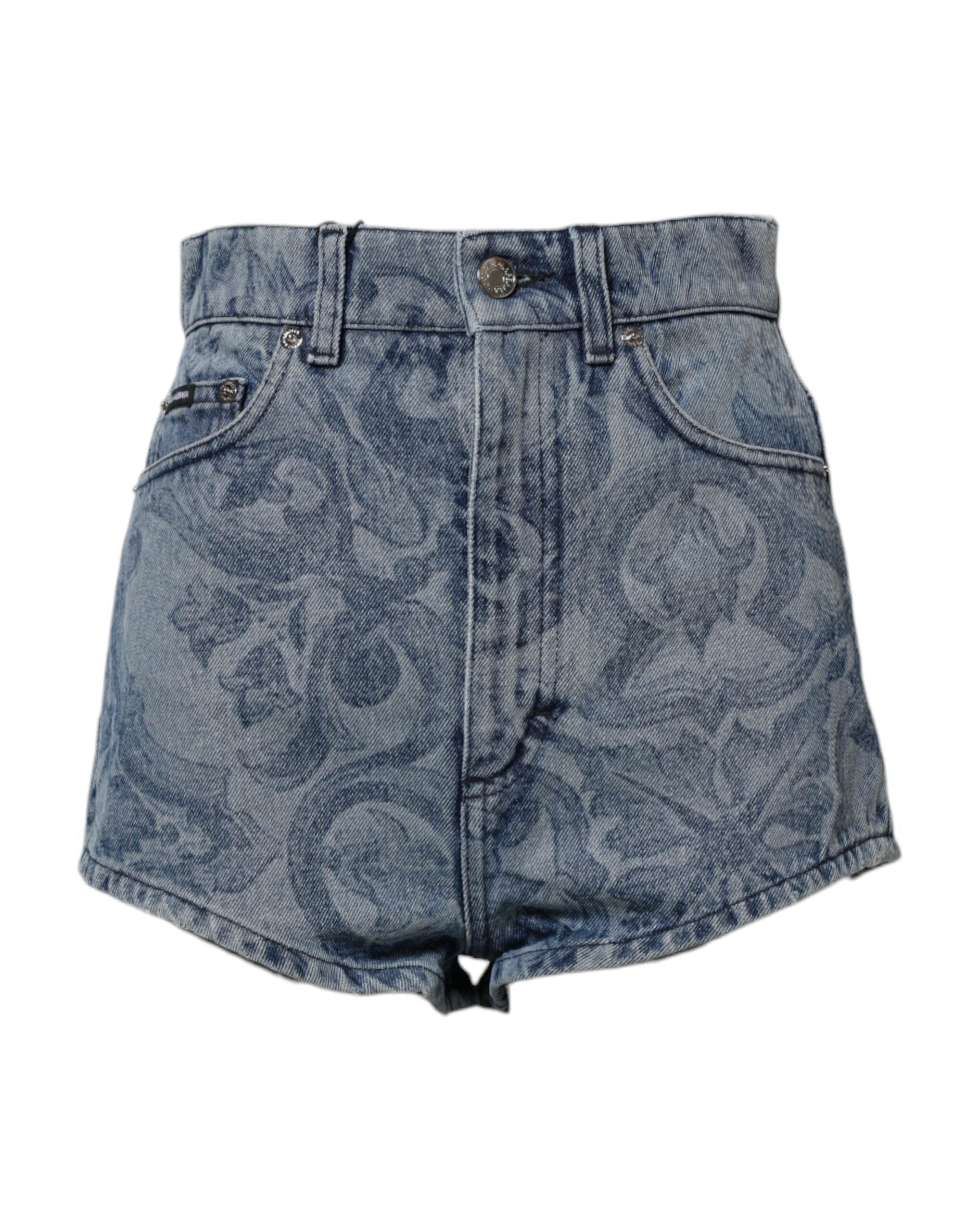 Dolce & Gabbana Blue Floral Print Denim Cotton Hot Pants Shorts-1
