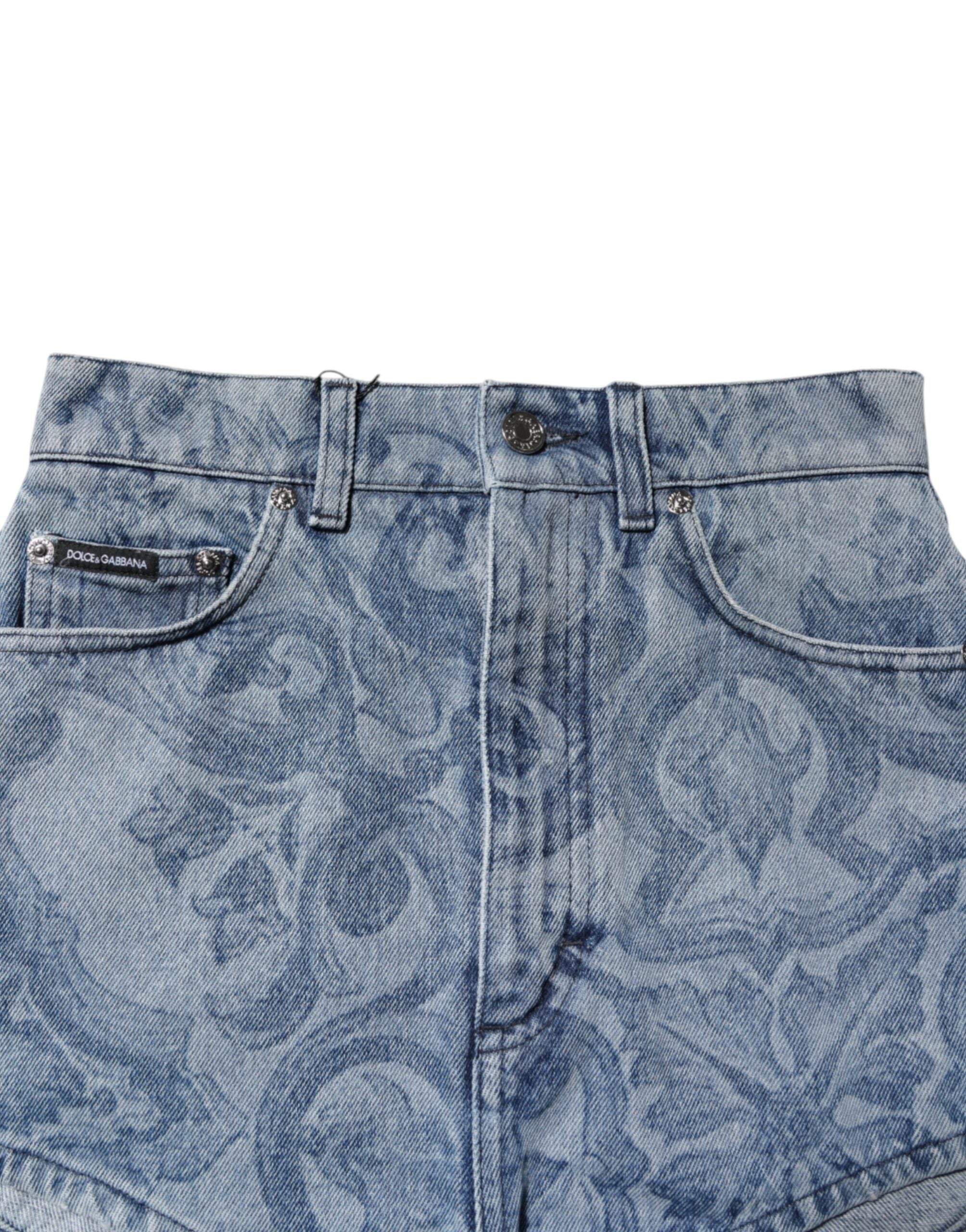 Dolce & Gabbana Blue Floral Print Denim Cotton Hot Pants Shorts-4