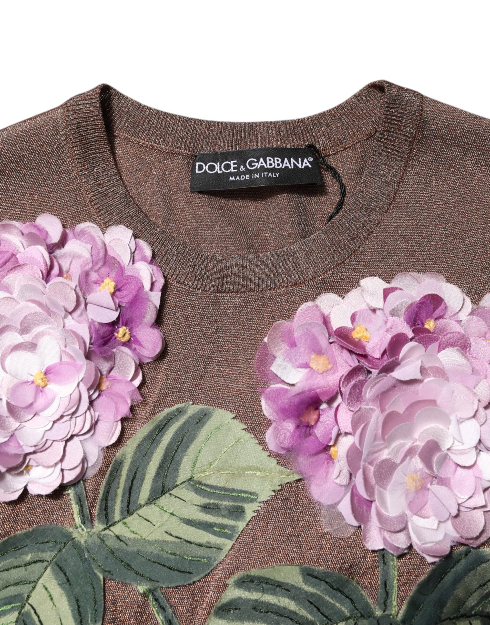 Dolce & Gabbana Brown Lily embellished blouse top with round neckline-4