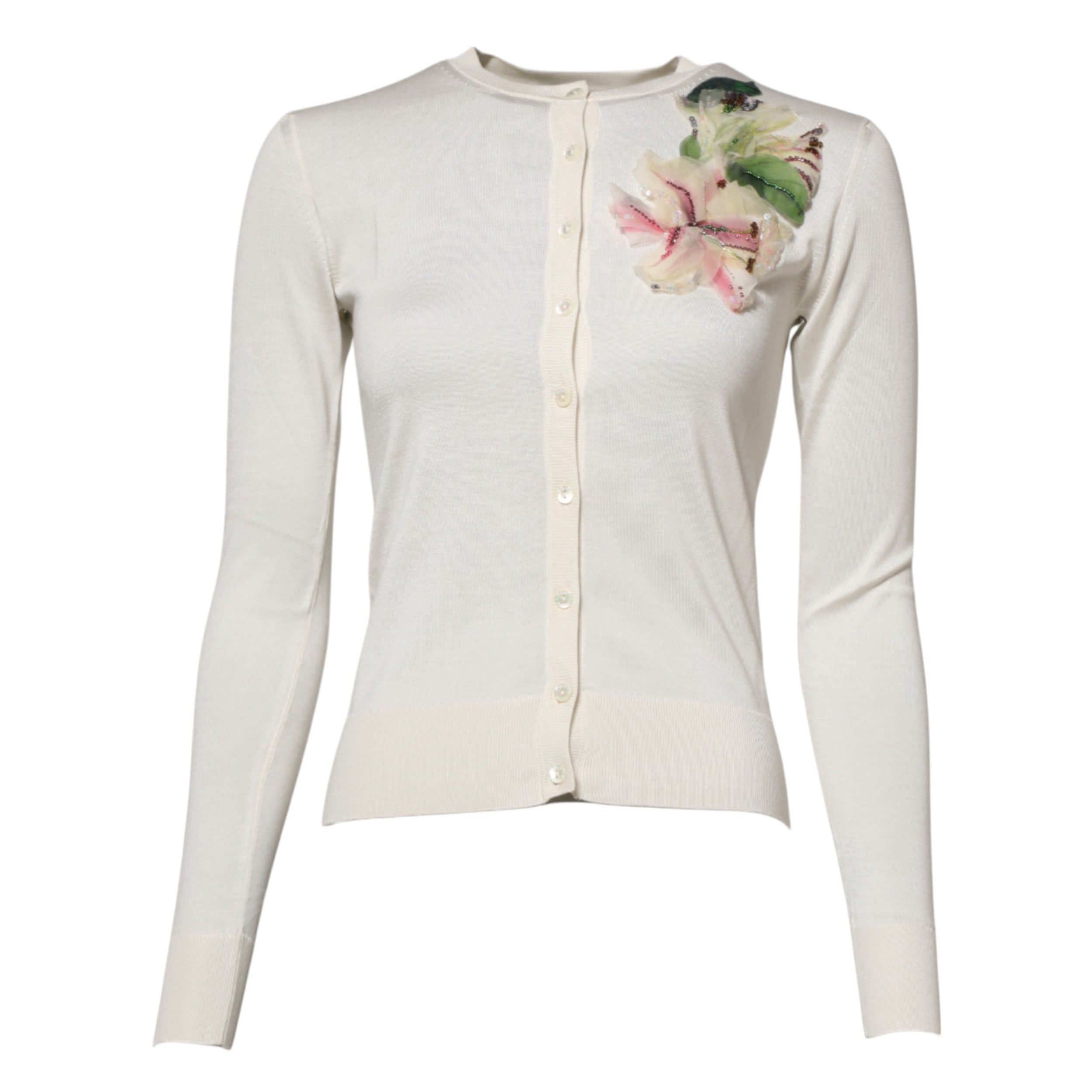 Suéter Dolce & Gabbana de seda blanca con lirios y adornos-5