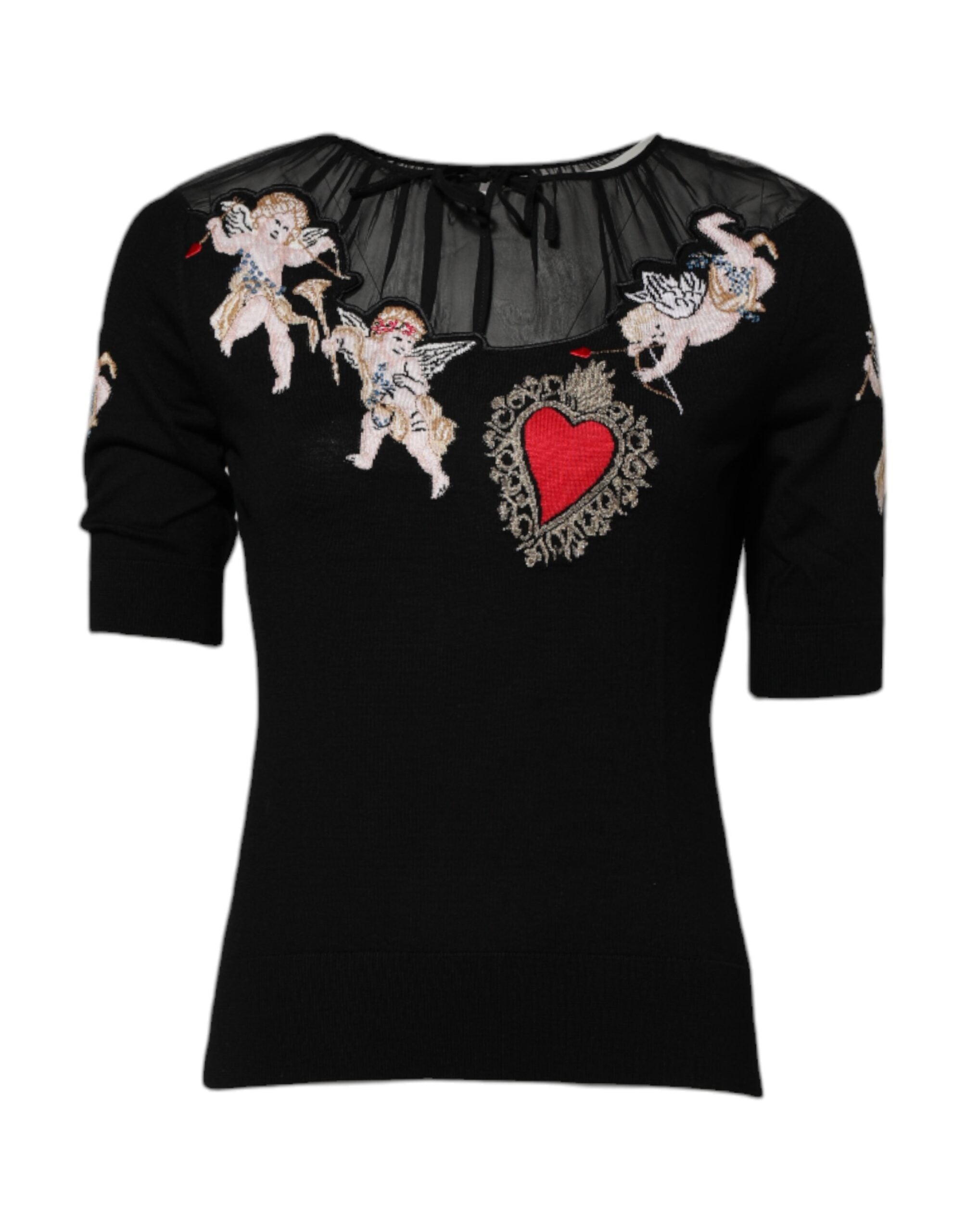 Dolce & Gabbana Black Sacred Heart Embroidered Round Neck Top-1