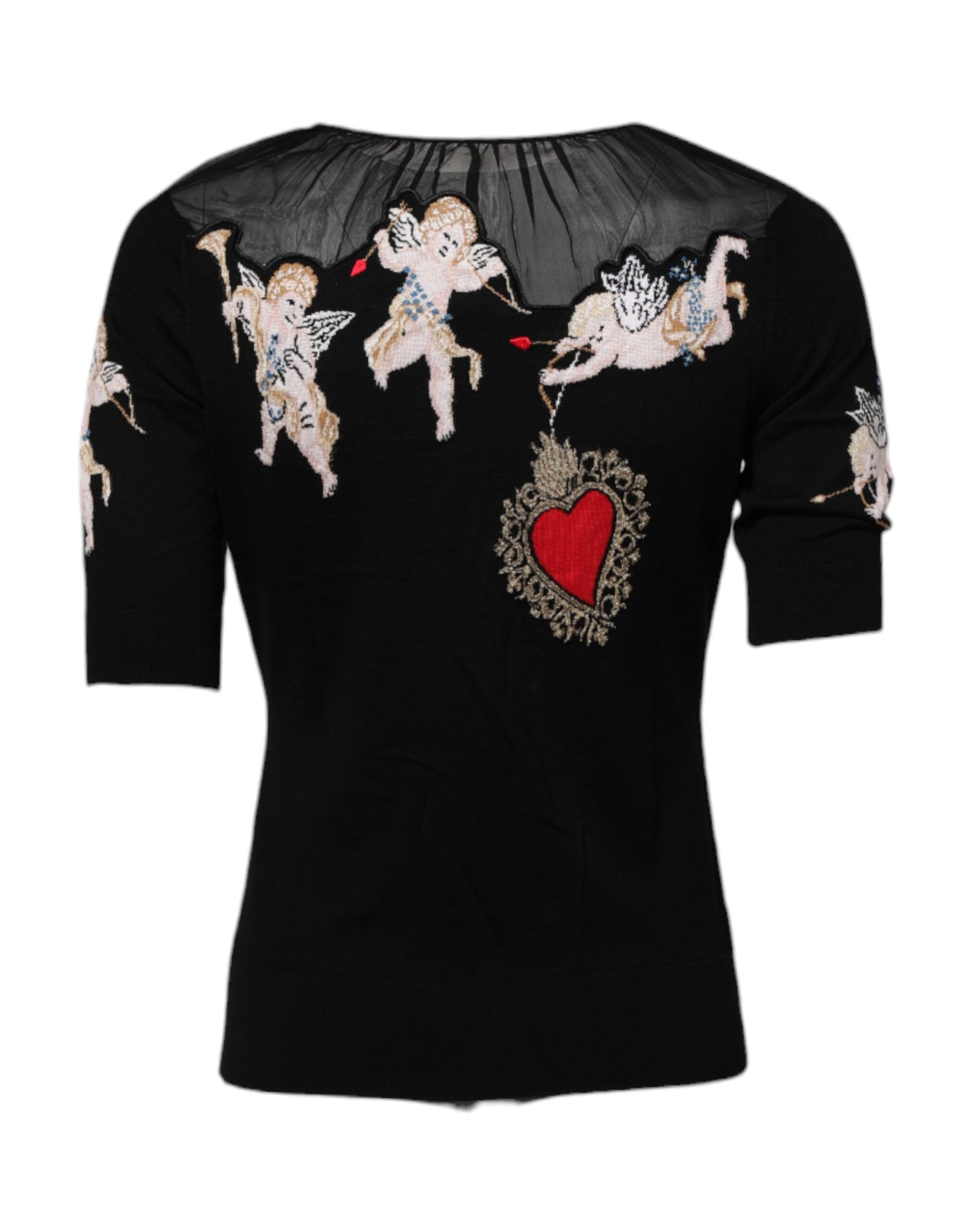 Dolce & Gabbana Black Sacred Heart Embroidered Round Neck Top-3