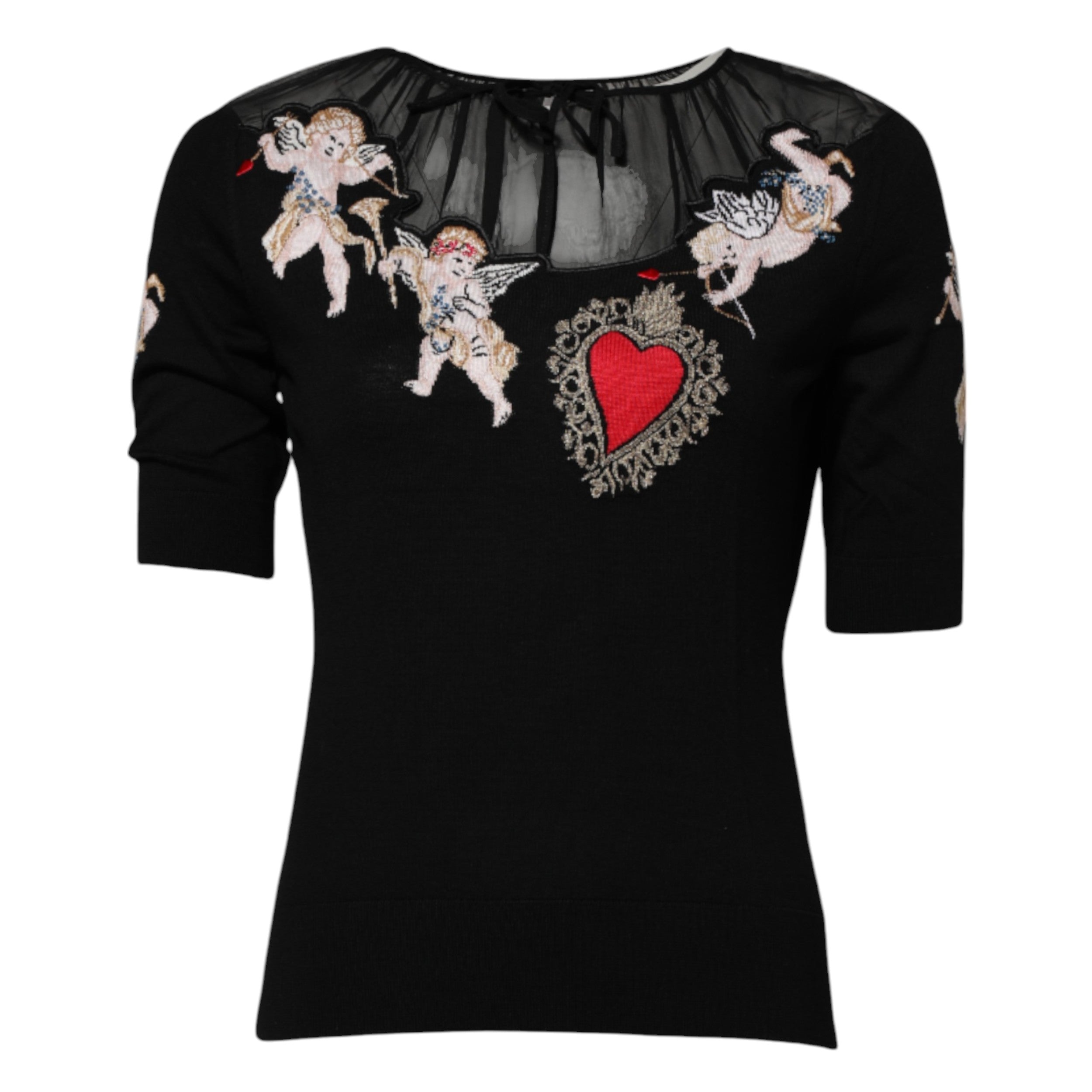 Dolce & Gabbana Black Sacred Heart Embroidered Round Neck Top-5